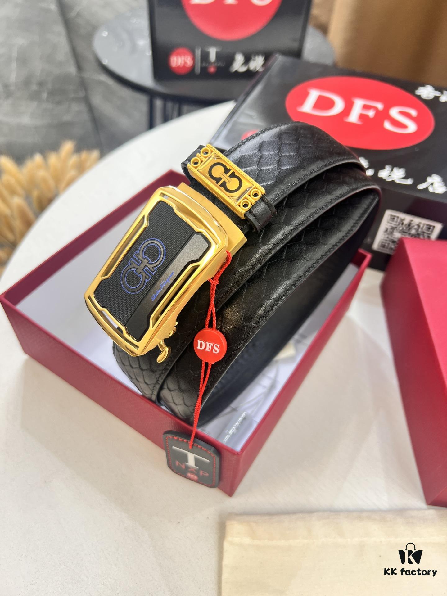 Salvatore Ferragamo Men's Automatic Belt, Top-Quality Genuine Leather with Steel Hardware, 3.5cm Width, '8' Patterned Full-Grain Leather, Imported