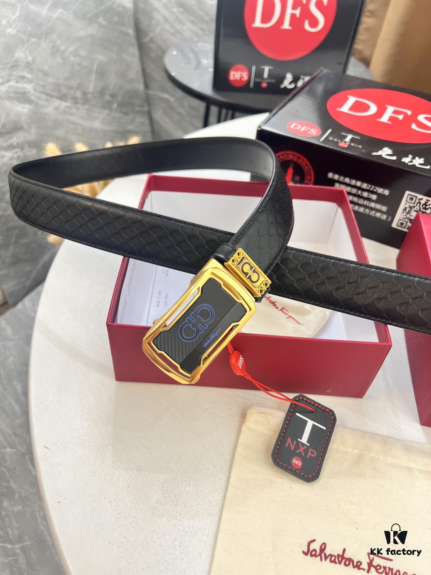 Salvatore Ferragamo Men's Automatic Belt, Top-Quality Genuine Leather with Steel Hardware, 3.5cm Width, '8' Patterned Full-Grain Leather, Imported