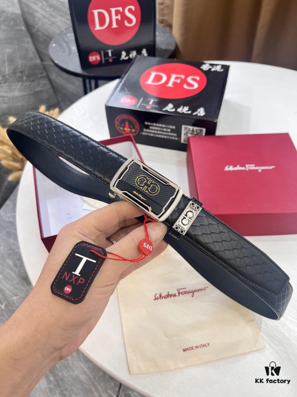 Arrival of Salvatore Ferragamo Men's Automatic Series Leather Belt with ZP Mold, 8-Shaped Beveled Pattern, Genuine Top-Layer Calfskin, Steel Hardware, 3.5 cm Width