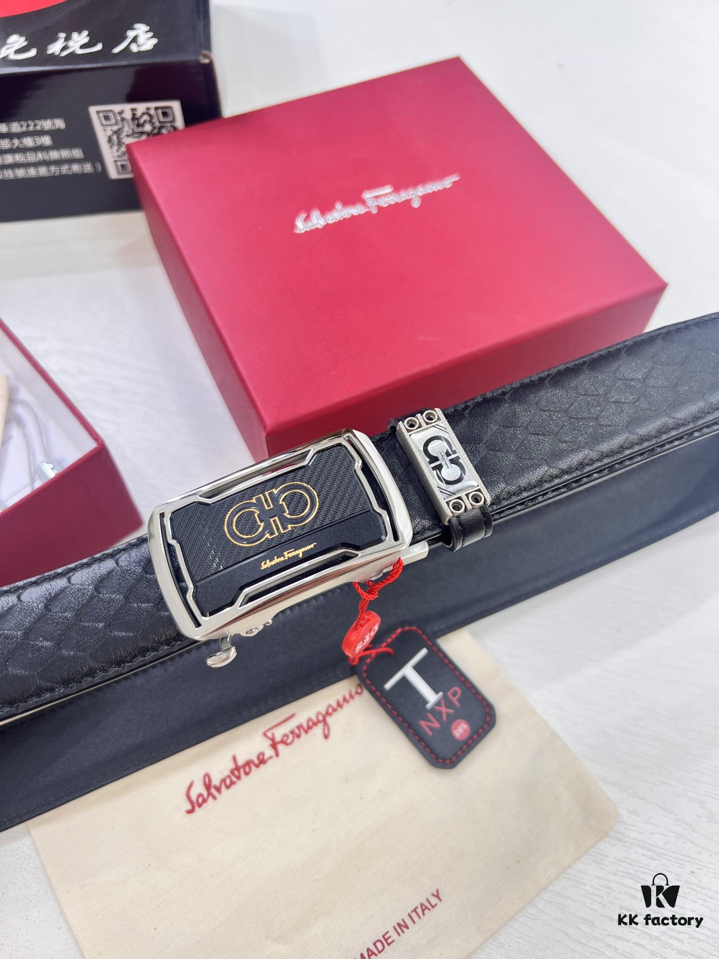 Arrival of Salvatore Ferragamo Men's Automatic Series Leather Belt with ZP Mold, 8-Shaped Beveled Pattern, Genuine Top-Layer Calfskin, Steel Hardware, 3.5 cm Width