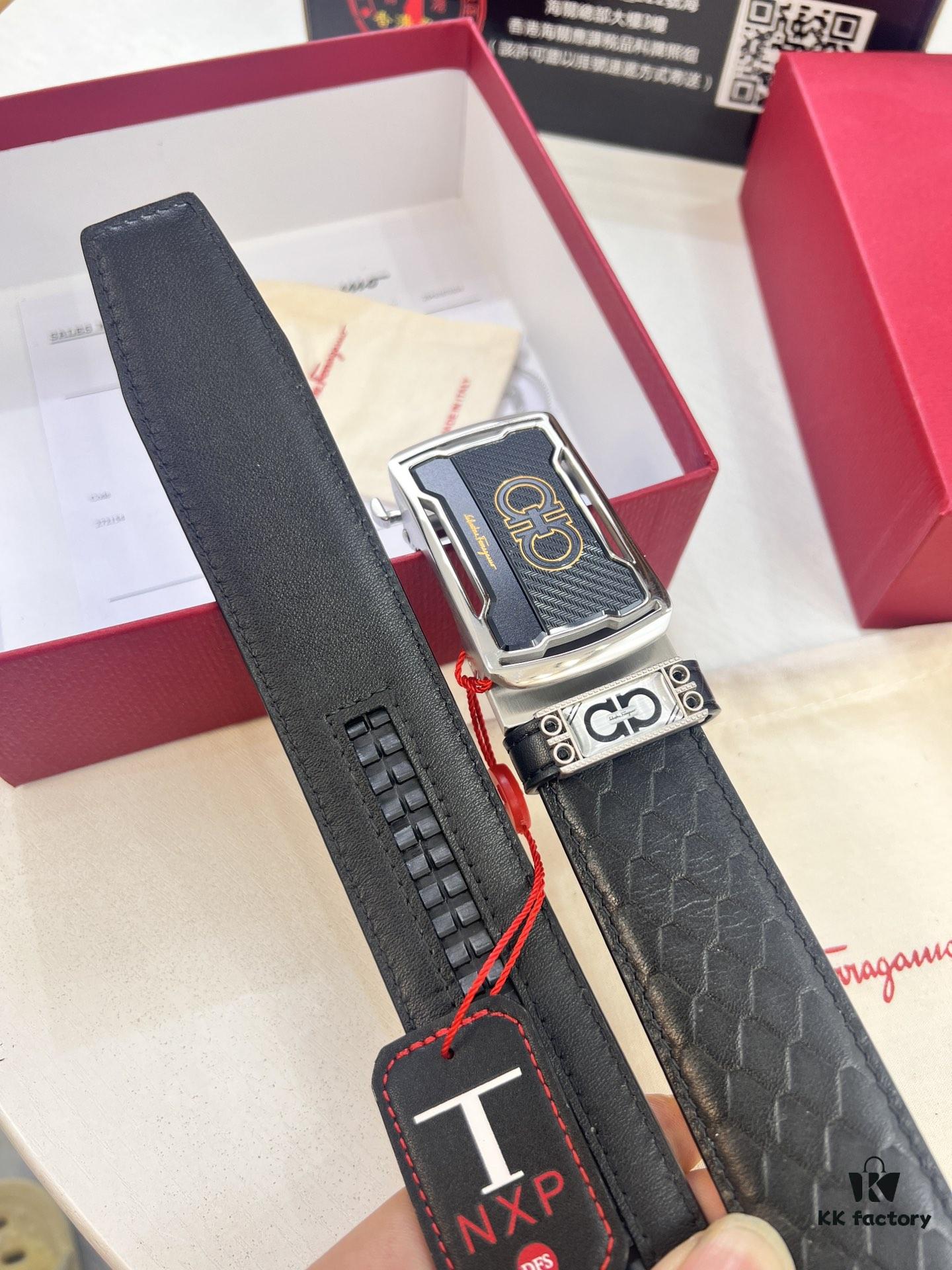 Arrival of Salvatore Ferragamo Men's Automatic Series Leather Belt with ZP Mold, 8-Shaped Beveled Pattern, Genuine Top-Layer Calfskin, Steel Hardware, 3.5 cm Width