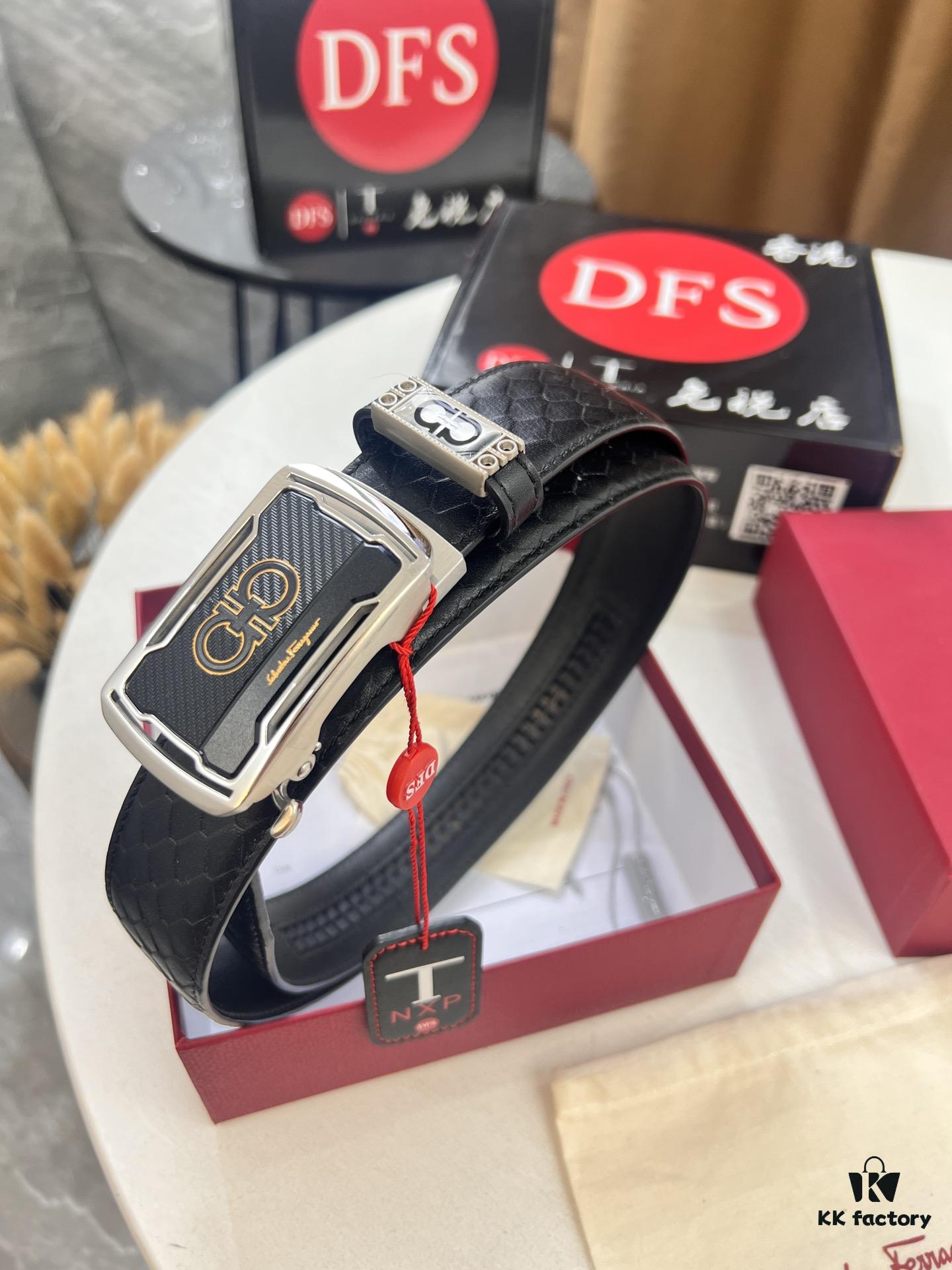 Arrival of Salvatore Ferragamo Men's Automatic Series Leather Belt with ZP Mold, 8-Shaped Beveled Pattern, Genuine Top-Layer Calfskin, Steel Hardware, 3.5 cm Width