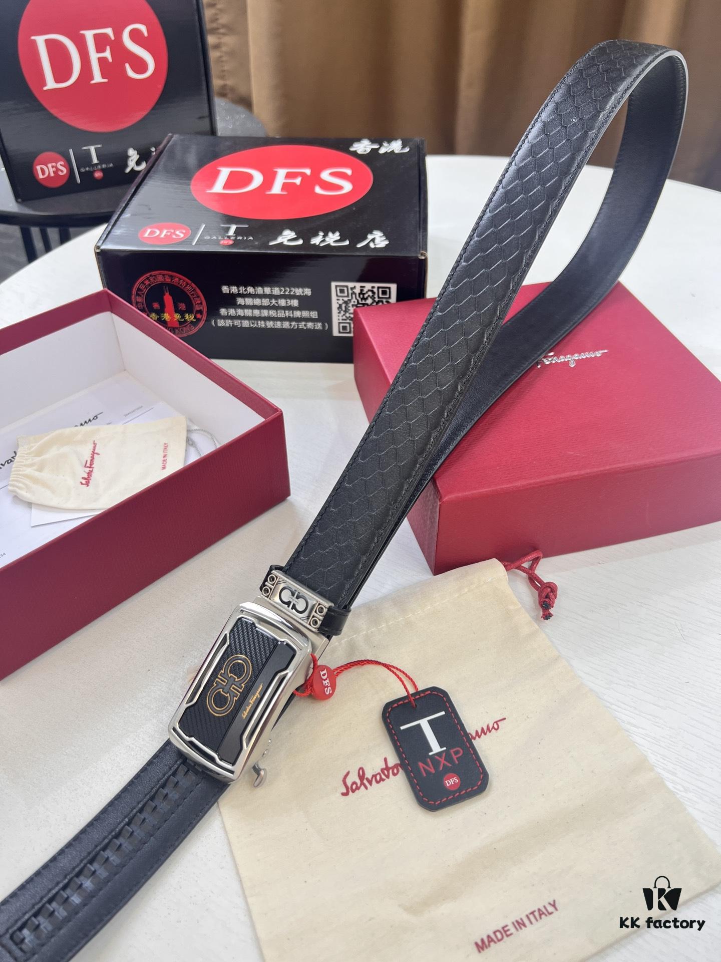 Arrival of Salvatore Ferragamo Men's Automatic Series Leather Belt with ZP Mold, 8-Shaped Beveled Pattern, Genuine Top-Layer Calfskin, Steel Hardware, 3.5 cm Width