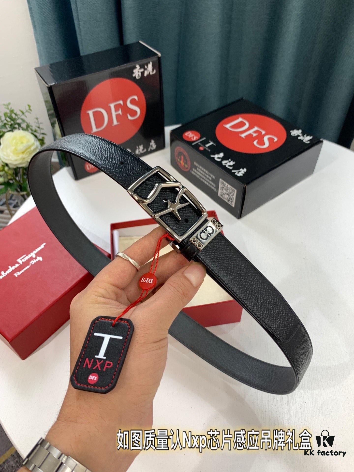 Salvatore Ferragamo Men's Belt, Top Grain Calfskin with Double-Sided Usage, 3.5cm Width, Genuine Imported Leather, Gift-Ready