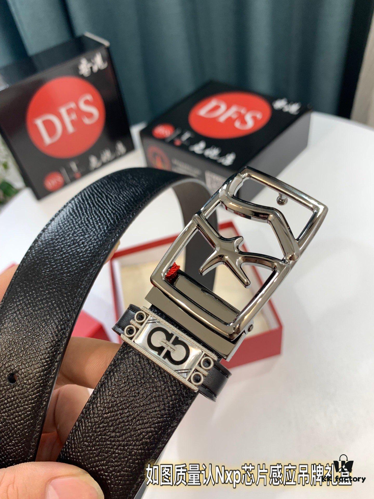 Salvatore Ferragamo Men's Belt, Top Grain Calfskin with Double-Sided Usage, 3.5cm Width, Genuine Imported Leather, Gift-Ready