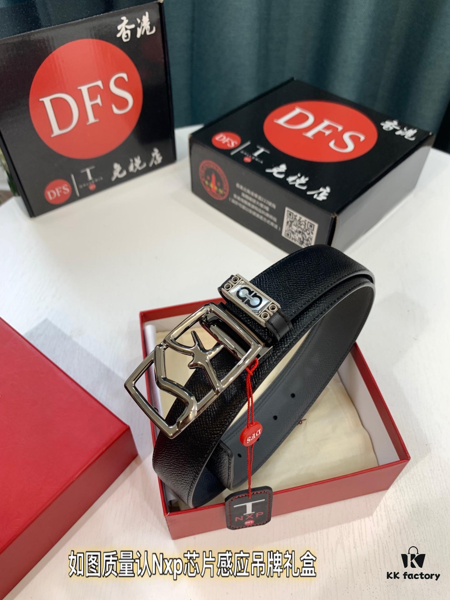 Salvatore Ferragamo Men's Belt, Top Grain Calfskin with Double-Sided Usage, 3.5cm Width, Genuine Imported Leather, Gift-Ready