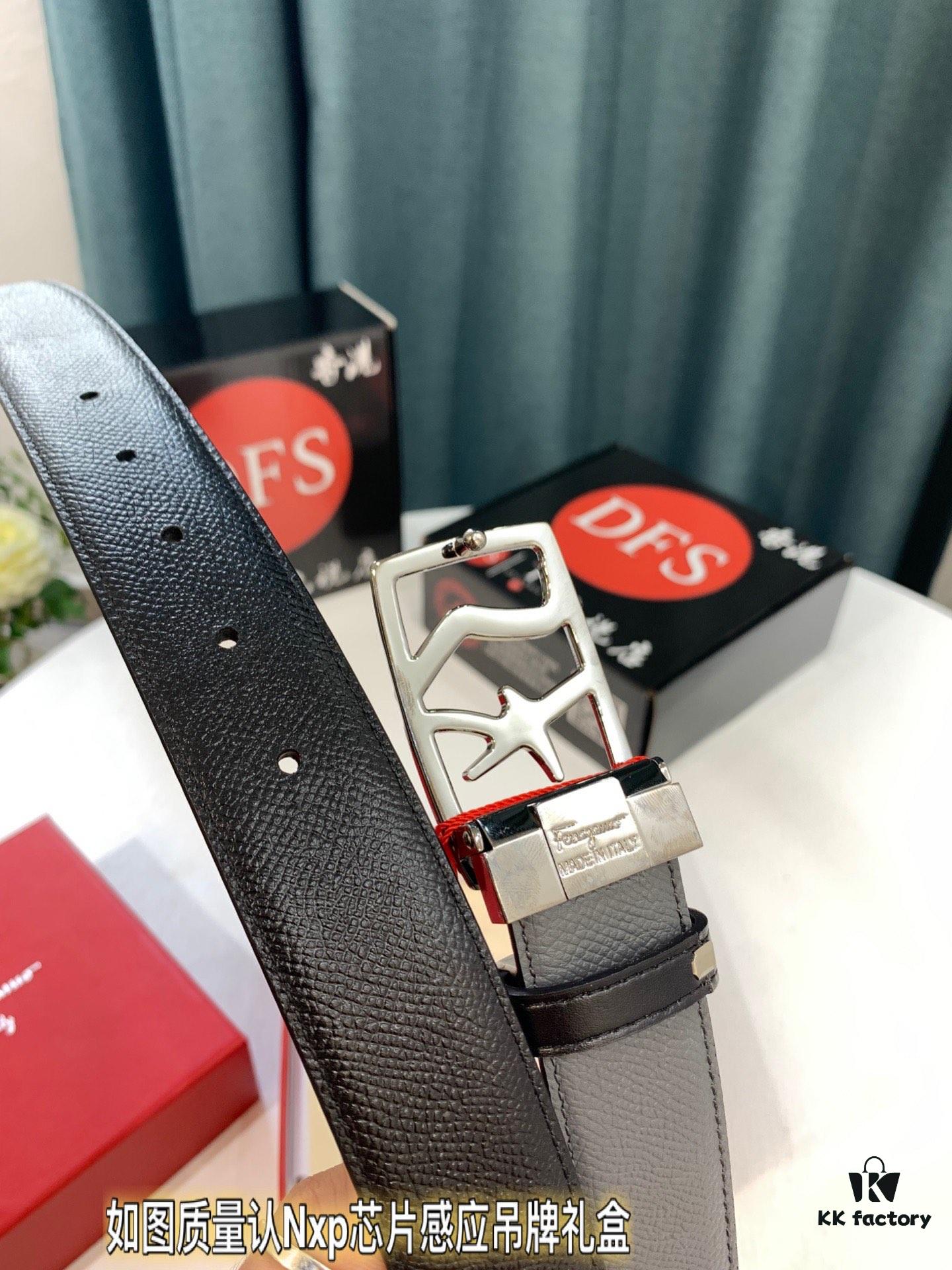 Salvatore Ferragamo Men's Belt, Top Grain Calfskin with Double-Sided Usage, 3.5cm Width, Genuine Imported Leather, Gift-Ready