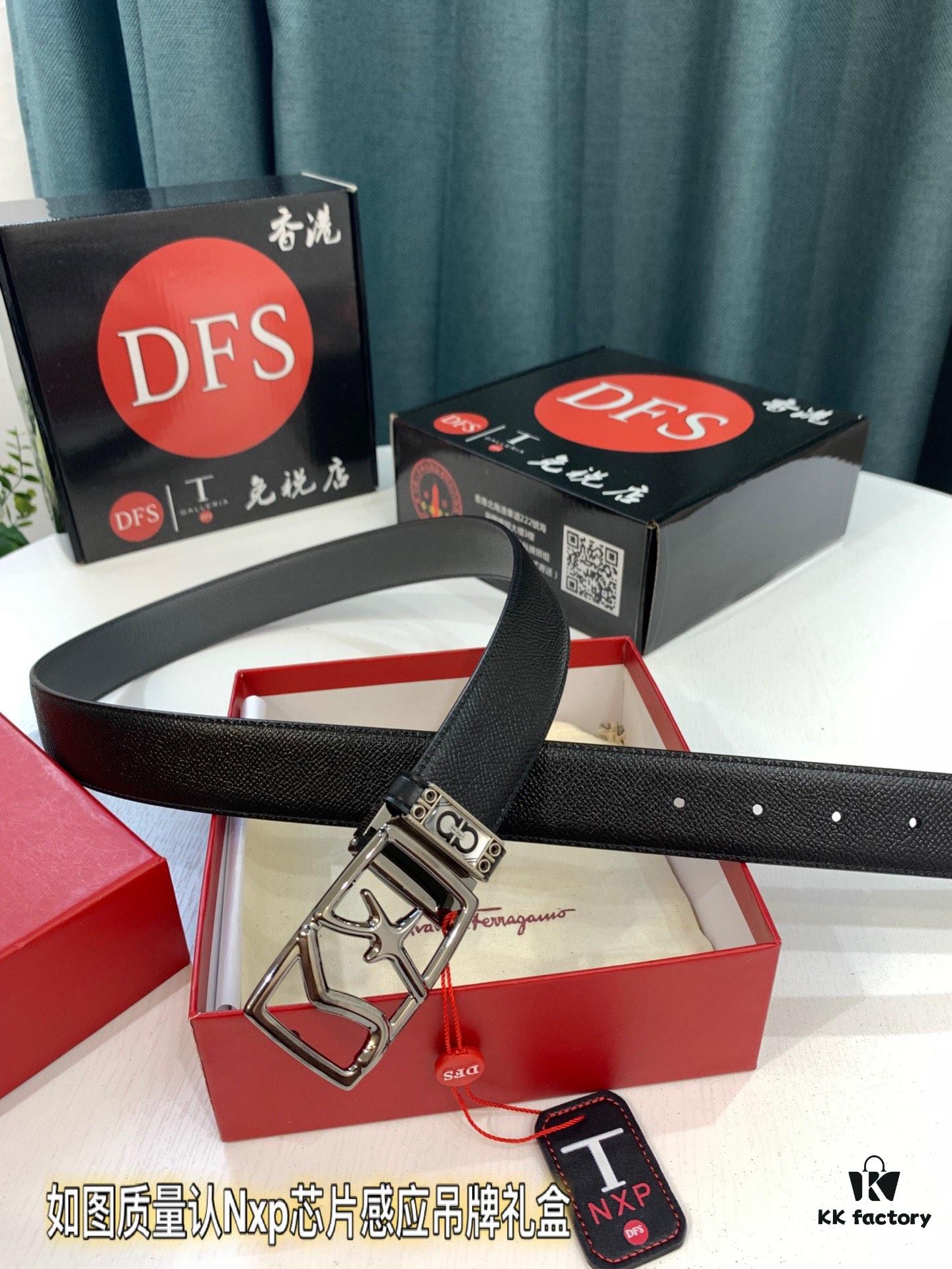 Salvatore Ferragamo Men's Belt, Top Grain Calfskin with Double-Sided Usage, 3.5cm Width, Genuine Imported Leather, Gift-Ready