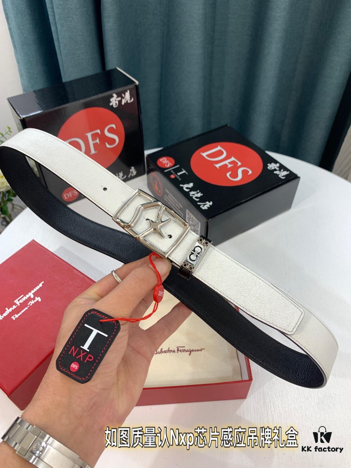 Ferragamo Men's Belt, Genuine First-Layer Cattle Leather with '8' Shaped Stainless Steel Buckle, Reversible Design, 3.5cm Width