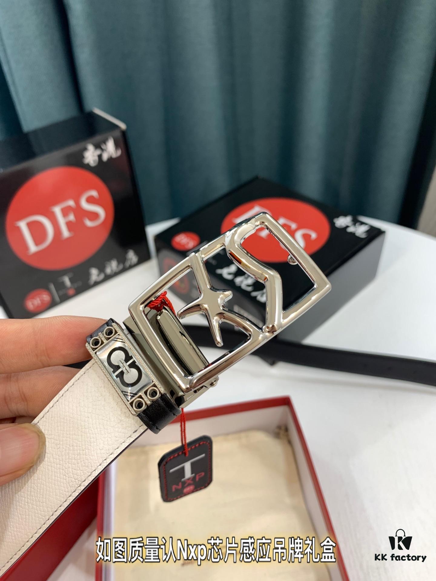 Ferragamo Men's Belt, Genuine First-Layer Cattle Leather with '8' Shaped Stainless Steel Buckle, Reversible Design, 3.5cm Width