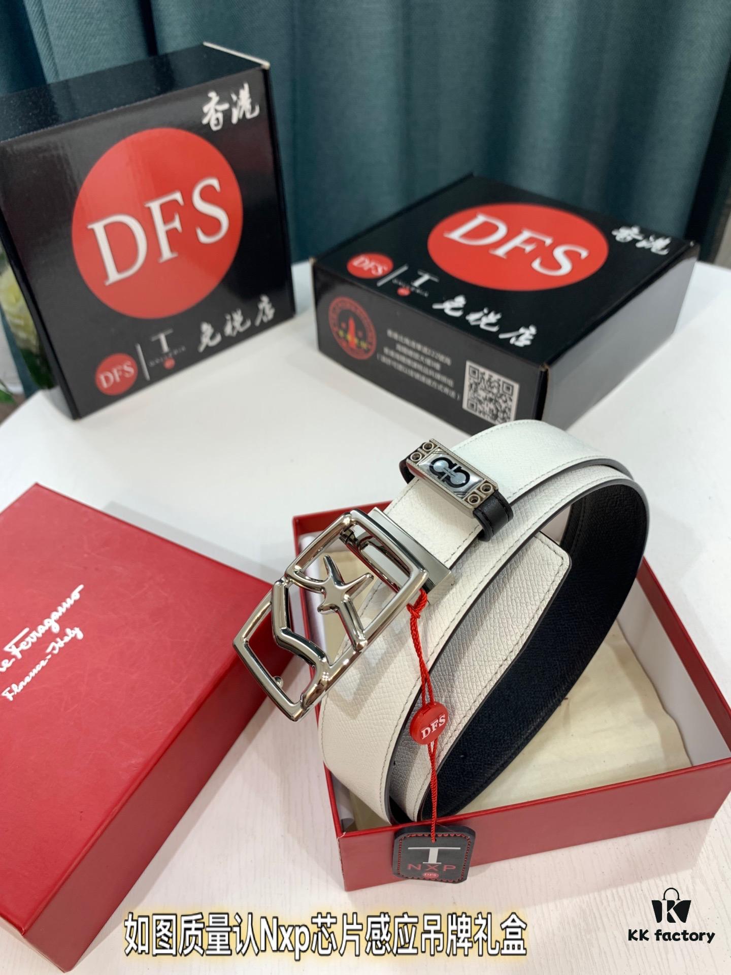 Ferragamo Men's Belt, Genuine First-Layer Cattle Leather with '8' Shaped Stainless Steel Buckle, Reversible Design, 3.5cm Width