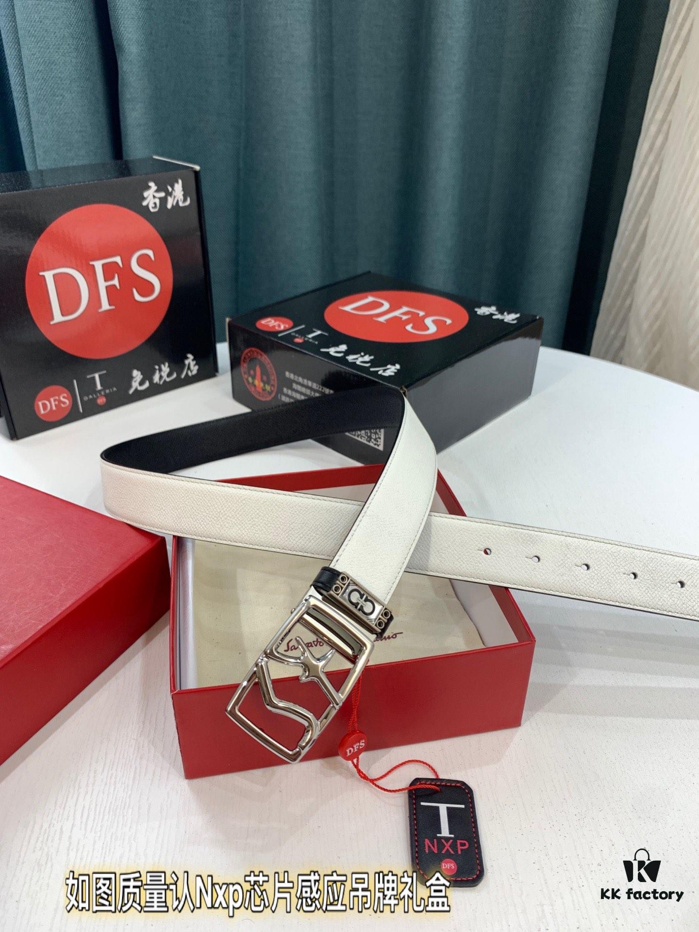 Ferragamo Men's Belt, Genuine First-Layer Cattle Leather with '8' Shaped Stainless Steel Buckle, Reversible Design, 3.5cm Width