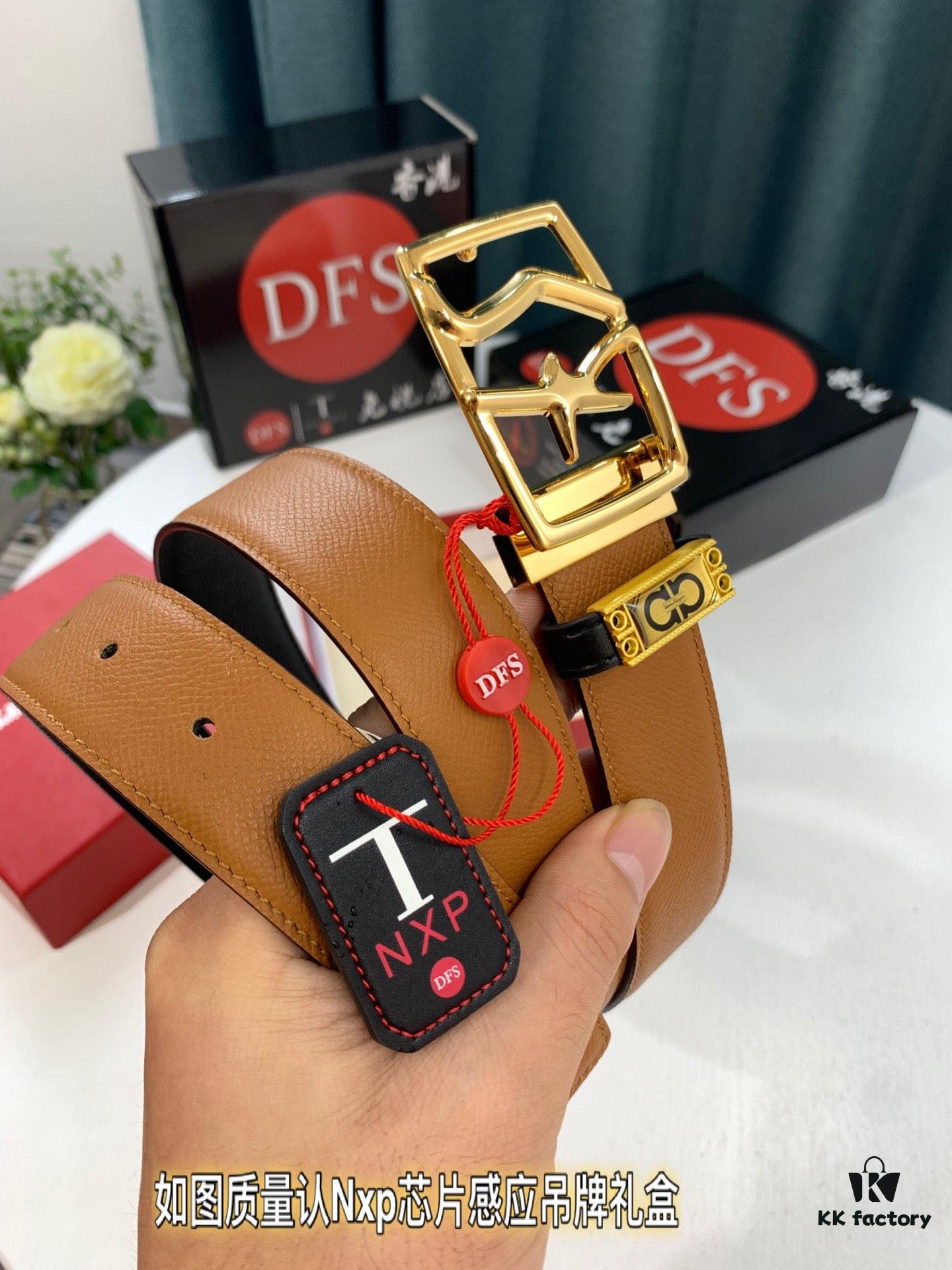 Ferragamo Men's Belt, Genuine First-Layer Cowhide with 8-Shaped Steel Hardware, Reversible Design, 3.5cm Width, Ideal Gift Choice