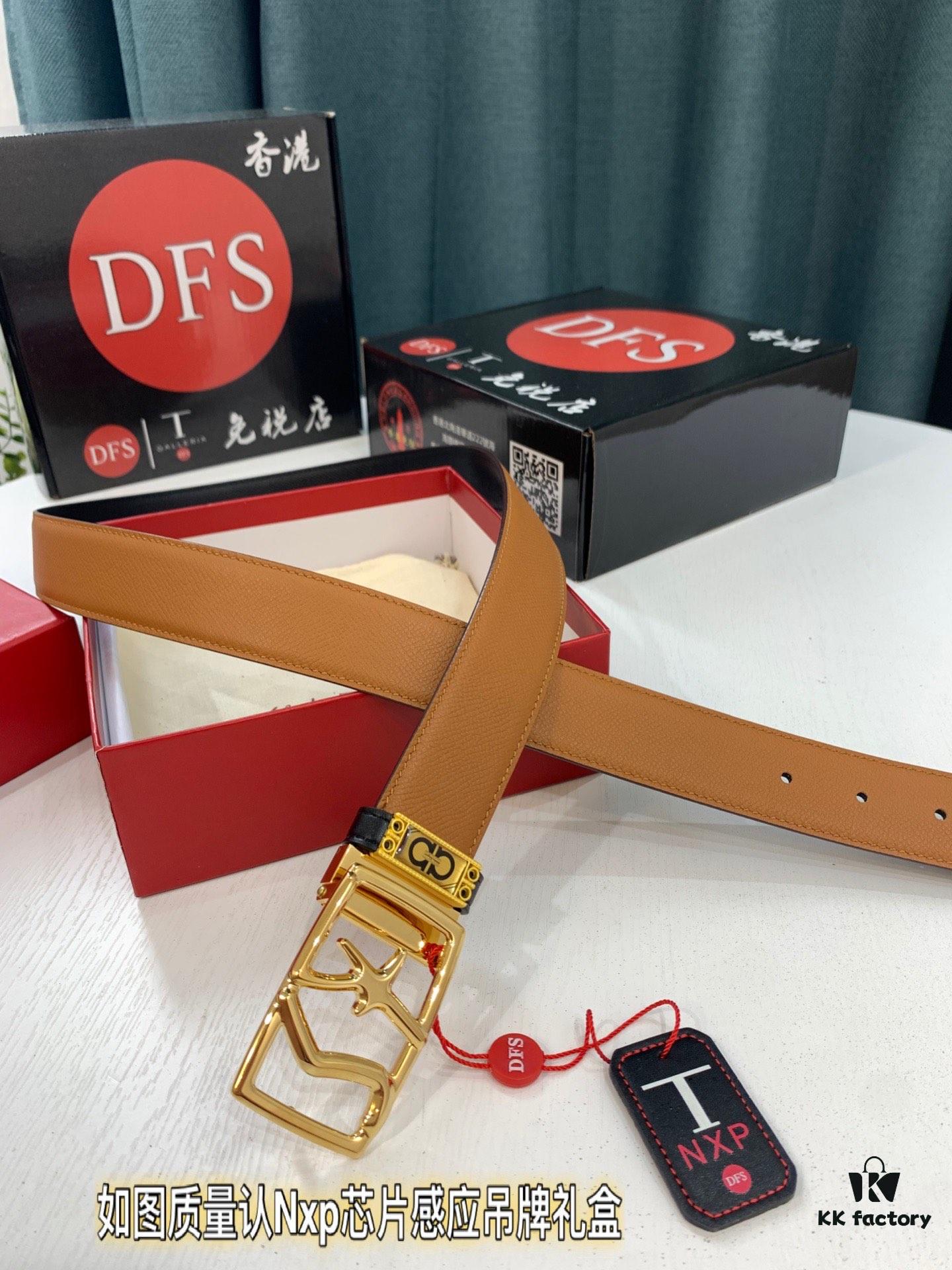 Ferragamo Men's Belt, Genuine First-Layer Cowhide with 8-Shaped Steel Hardware, Reversible Design, 3.5cm Width, Ideal Gift Choice