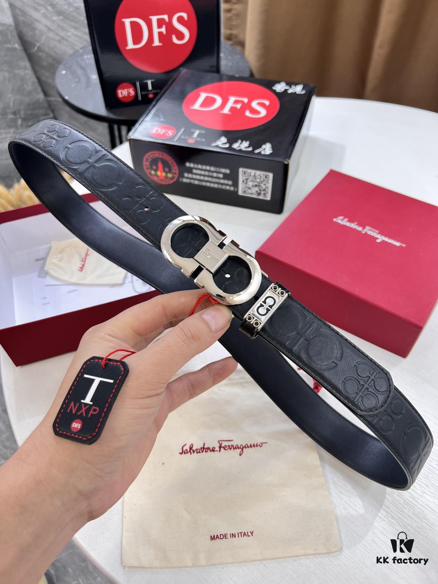 Ferragamo Men's Belt, Genuine First-Layer Calfskin with Double-Sided Usage, 3.5cm Width, Stainless Steel Buckle, Adjustable Length