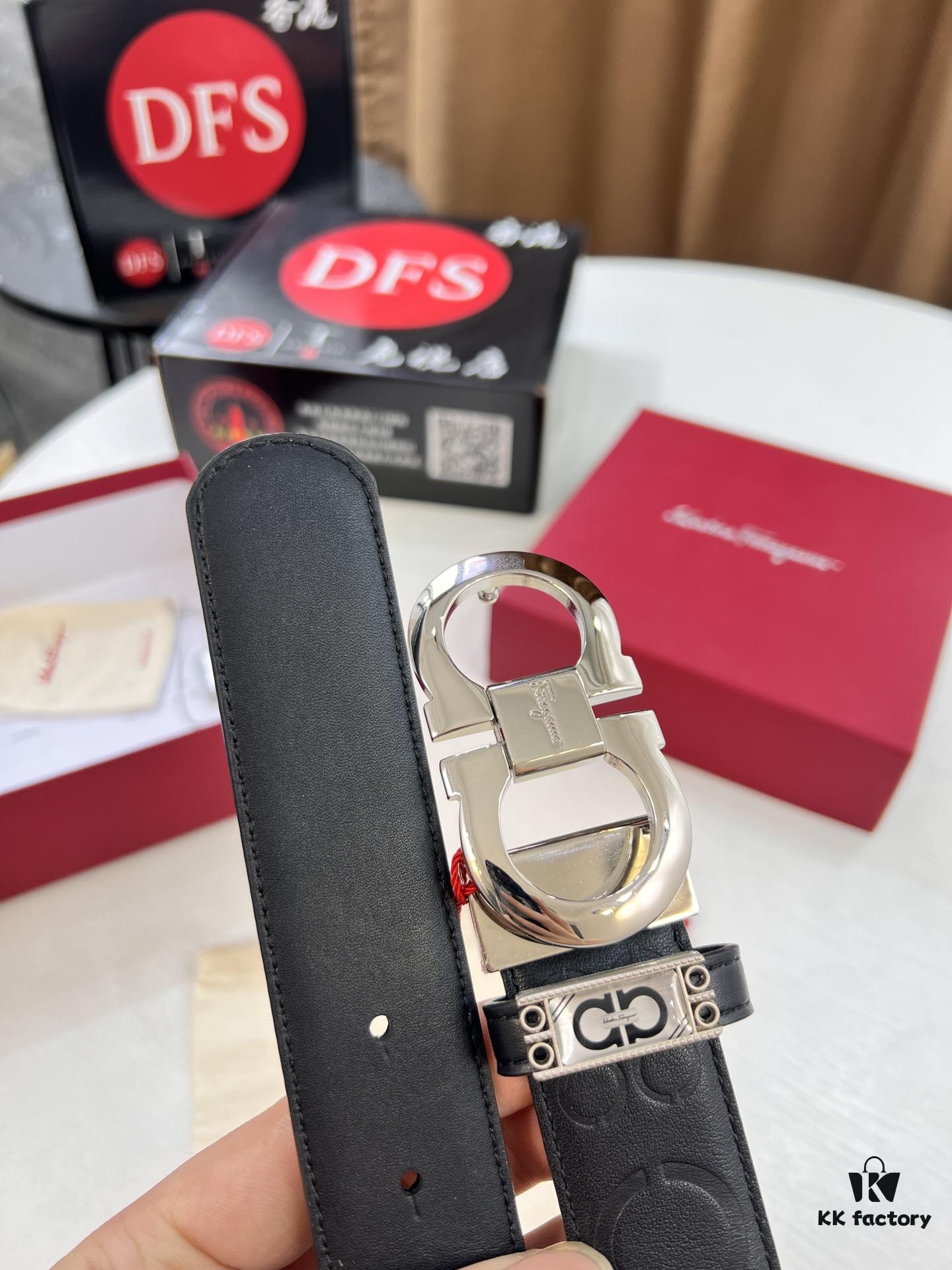 Ferragamo Men's Belt, Genuine First-Layer Calfskin with Double-Sided Usage, 3.5cm Width, Stainless Steel Buckle, Adjustable Length