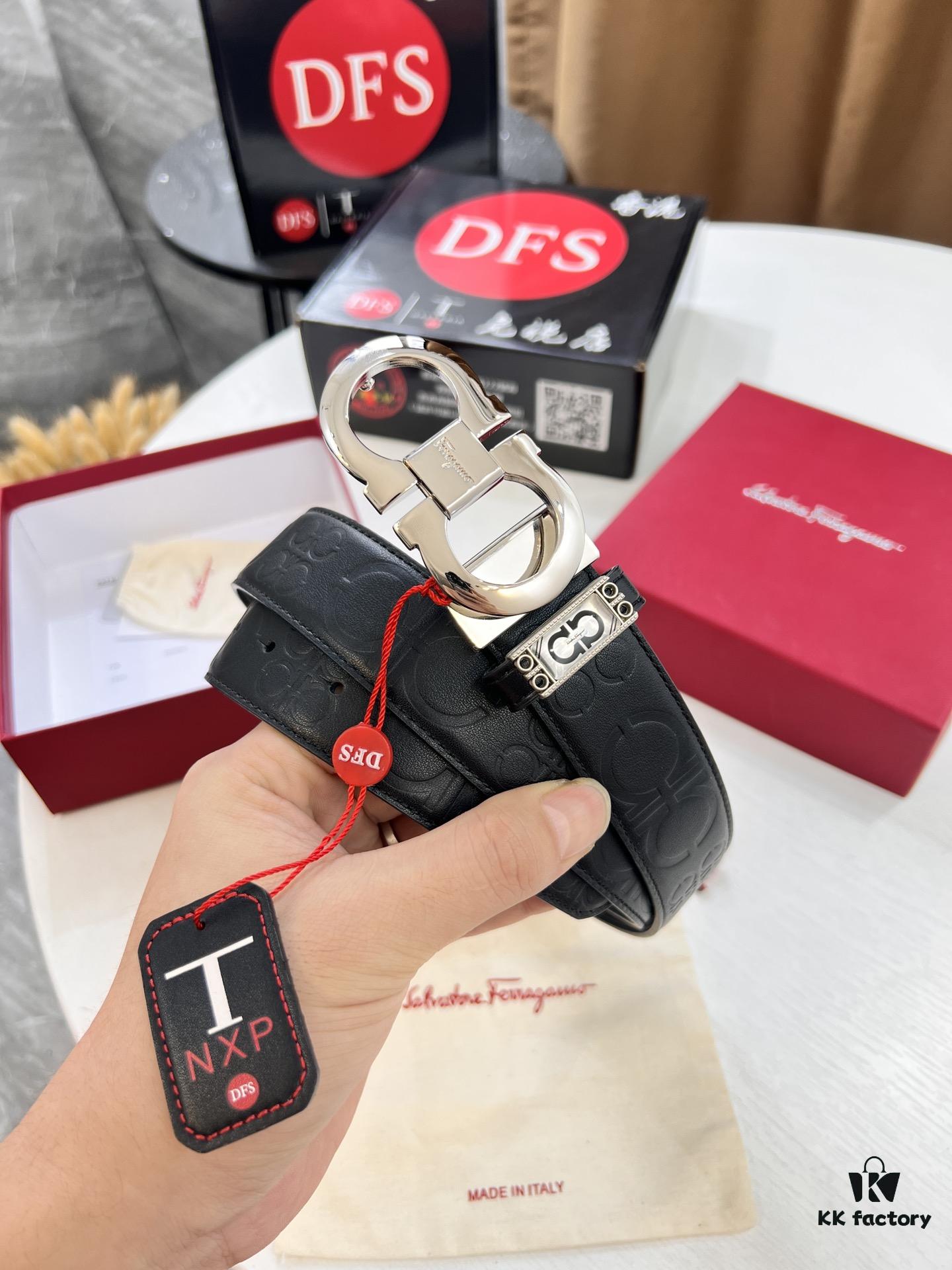 Ferragamo Men's Belt, Genuine First-Layer Calfskin with Double-Sided Usage, 3.5cm Width, Stainless Steel Buckle, Adjustable Length