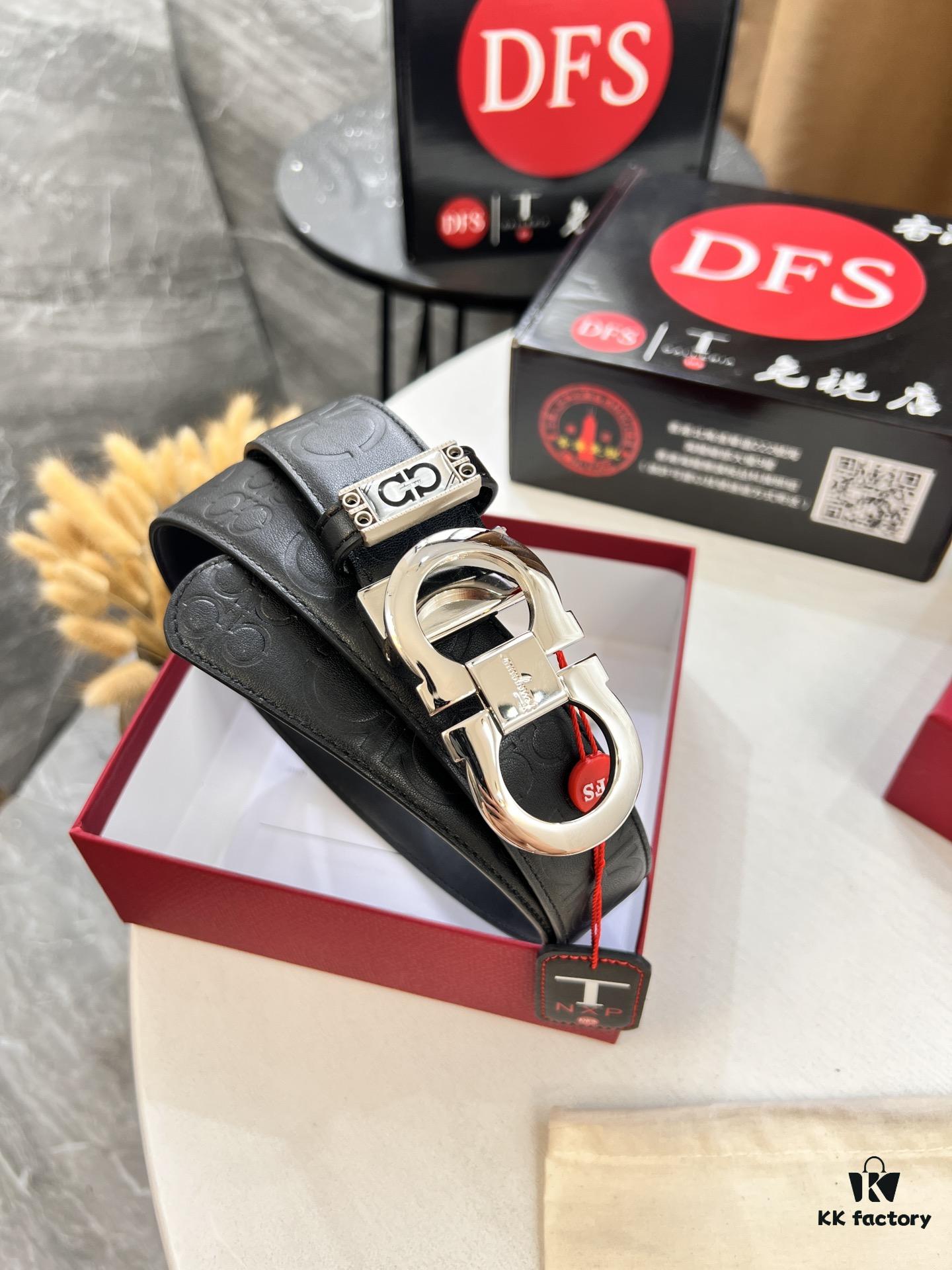 Ferragamo Men's Belt, Genuine First-Layer Calfskin with Double-Sided Usage, 3.5cm Width, Stainless Steel Buckle, Adjustable Length