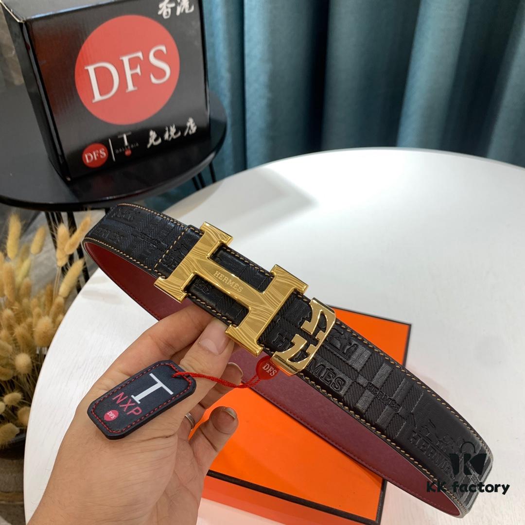 Shop Owner Recommended 🎺🎺 Hermes (Men's) Belt, Genuine Imported Embossed Horse Head Full-Grain Leather Belt, Wine Red with Fine Texture, Adjustable Length, Stainless Steel Hardware with Internal Lettering, 3.8cm Width