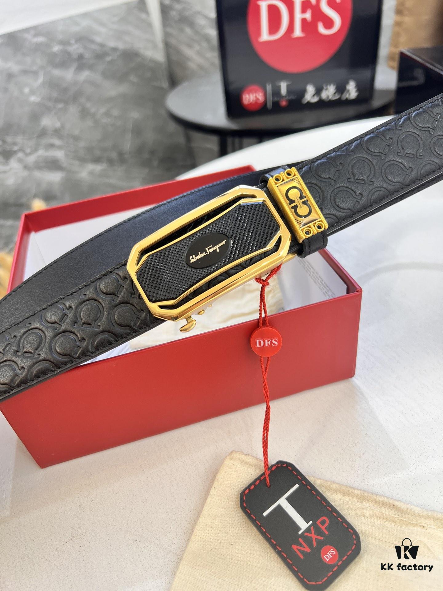 Salvatore Ferragamo Men's Automatic Belt, Top-Quality Full-Grain Calfskin with Steel Hardware, 3.5cm Width, Eight-Shaped Diagonal Grain Design