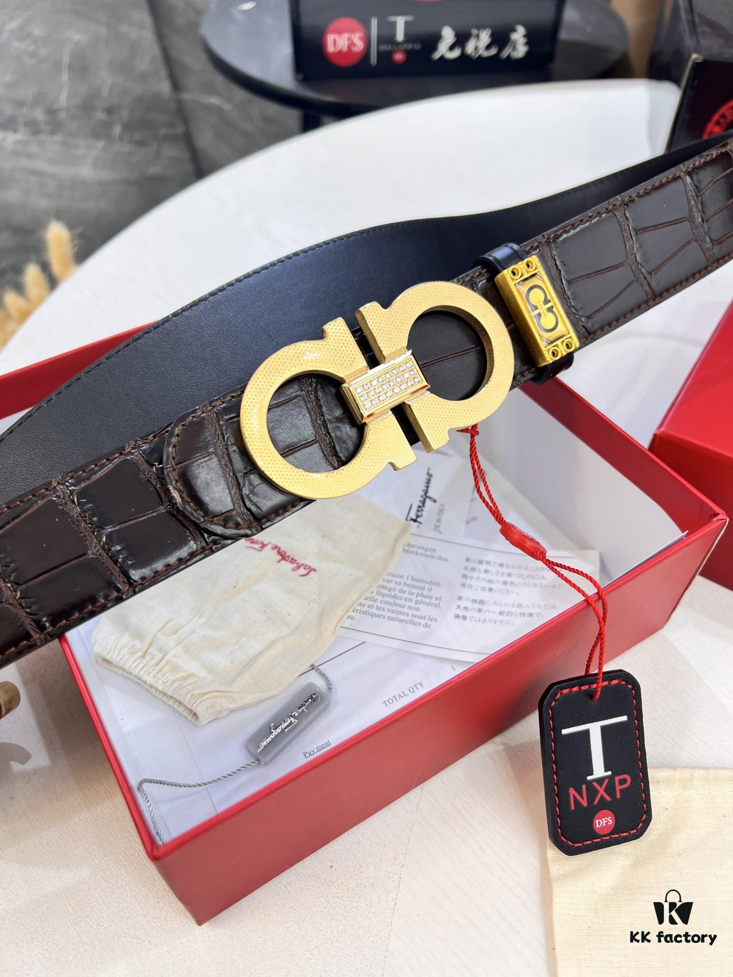 Top-Tier Salvatore Ferragamo Style Belt, Hong Kong Duty-Free T Gift Box, 8-Shape Authentic Hardware, Genuine Crocodile Grain Full-Grain Leather, German Manufactured