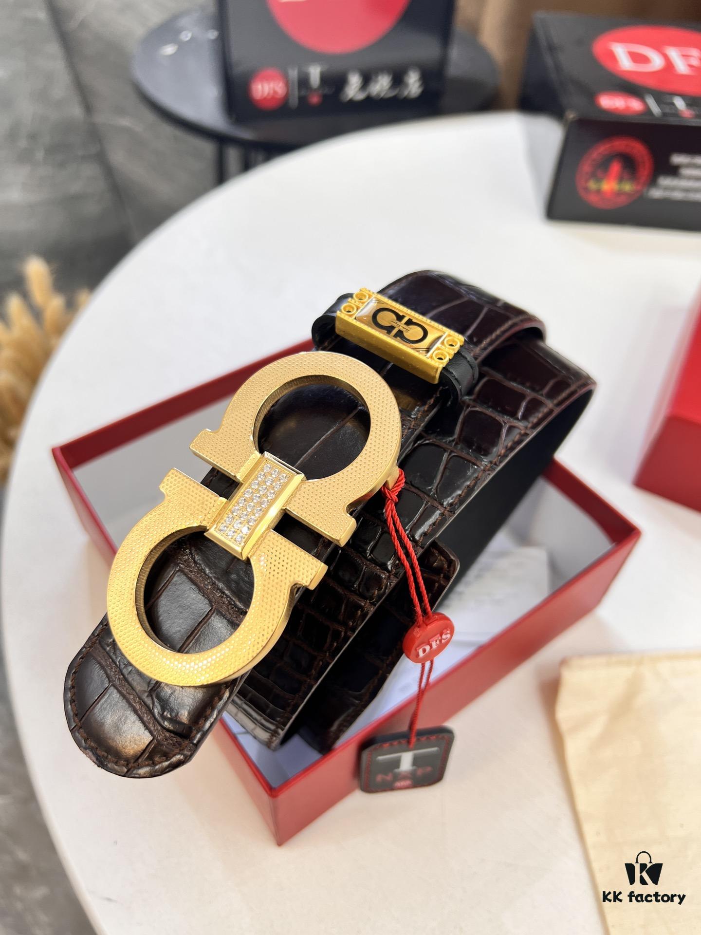 Top-Tier Salvatore Ferragamo Style Belt, Hong Kong Duty-Free T Gift Box, 8-Shape Authentic Hardware, Genuine Crocodile Grain Full-Grain Leather, German Manufactured