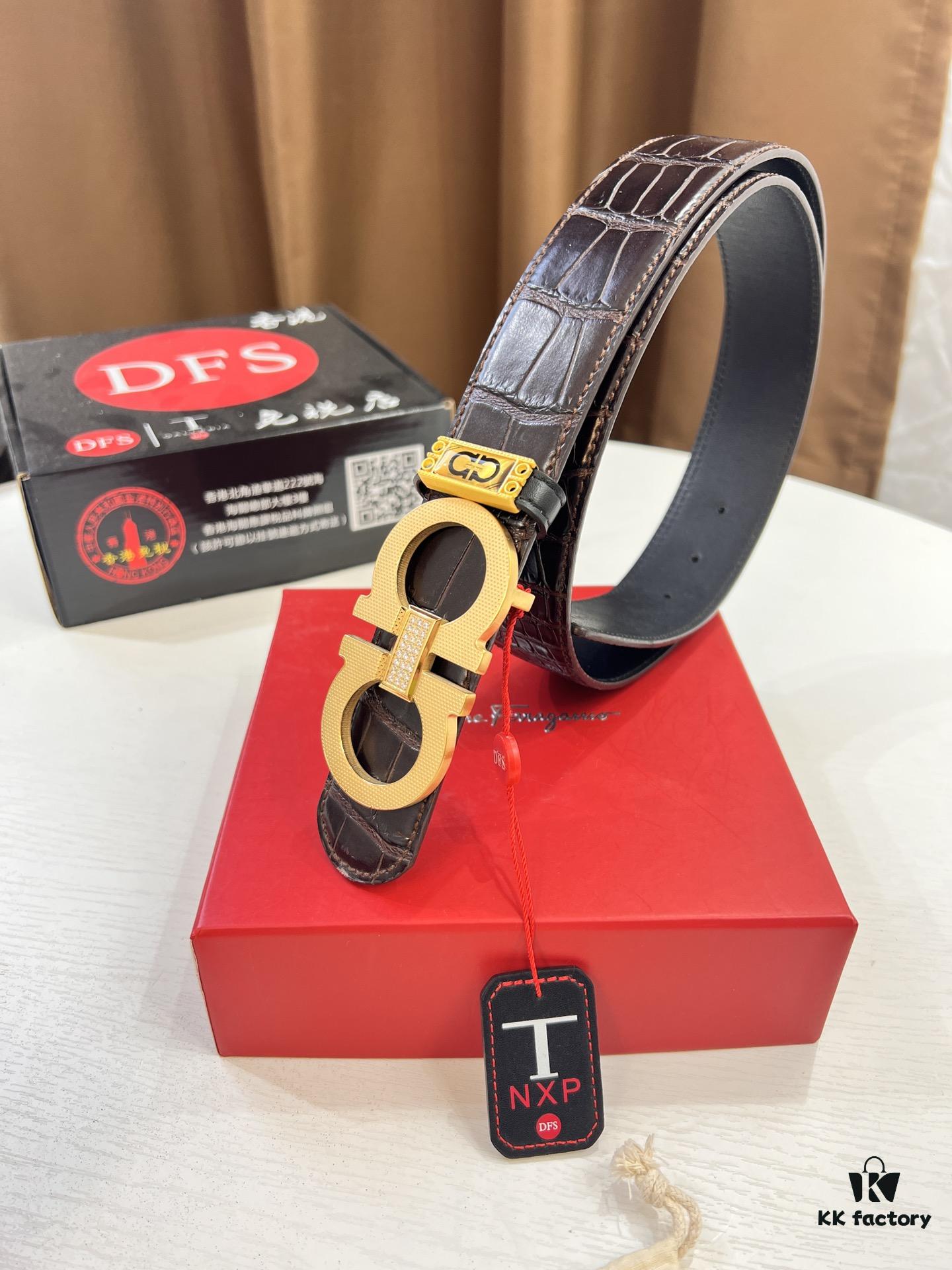 Top-Tier Salvatore Ferragamo Style Belt, Hong Kong Duty-Free T Gift Box, 8-Shape Authentic Hardware, Genuine Crocodile Grain Full-Grain Leather, German Manufactured