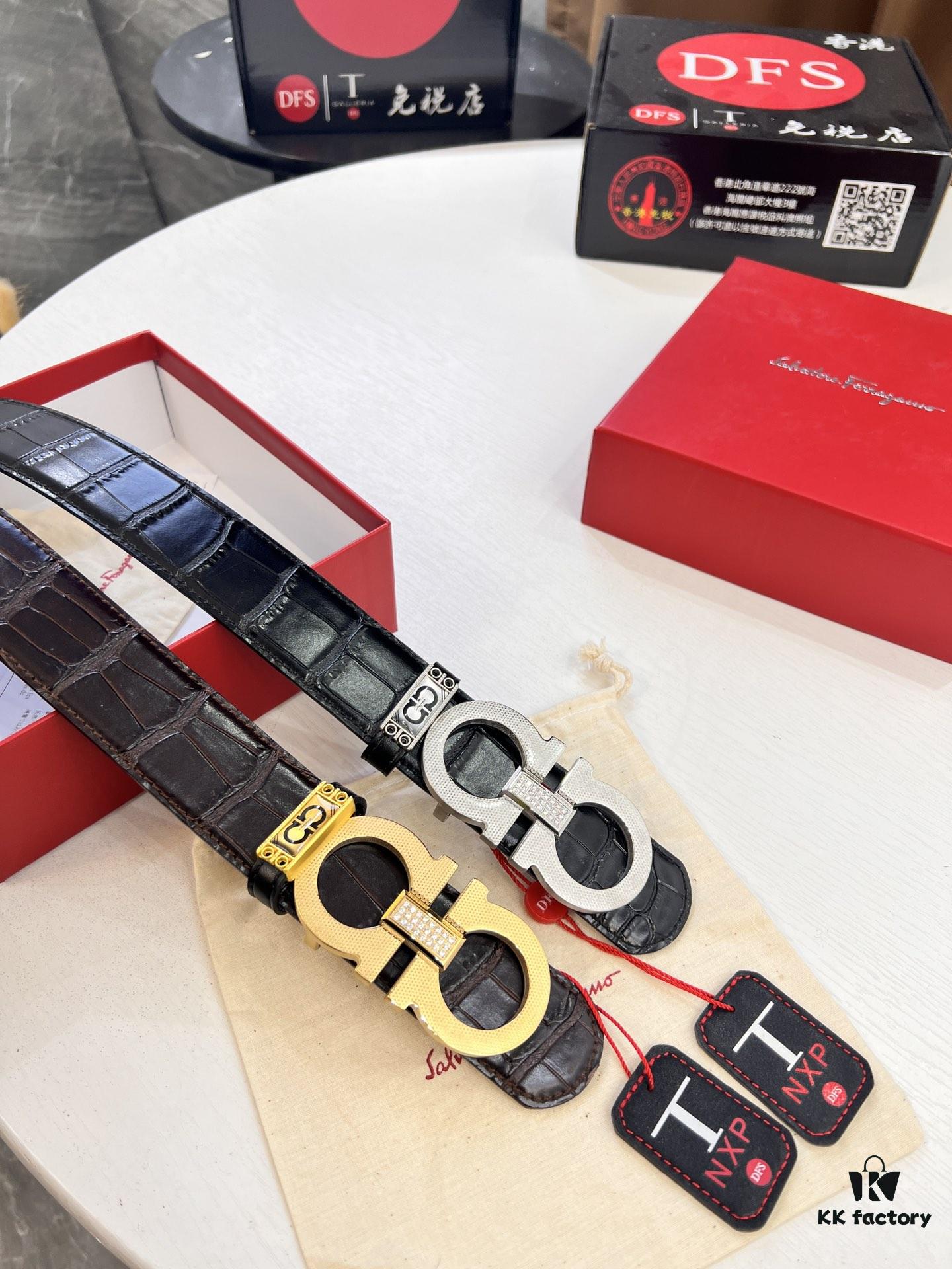 Top-Tier Salvatore Ferragamo Style Belt, Hong Kong Duty-Free T Gift Box, 8-Shape Authentic Hardware, Genuine Crocodile Grain Full-Grain Leather, German Manufactured