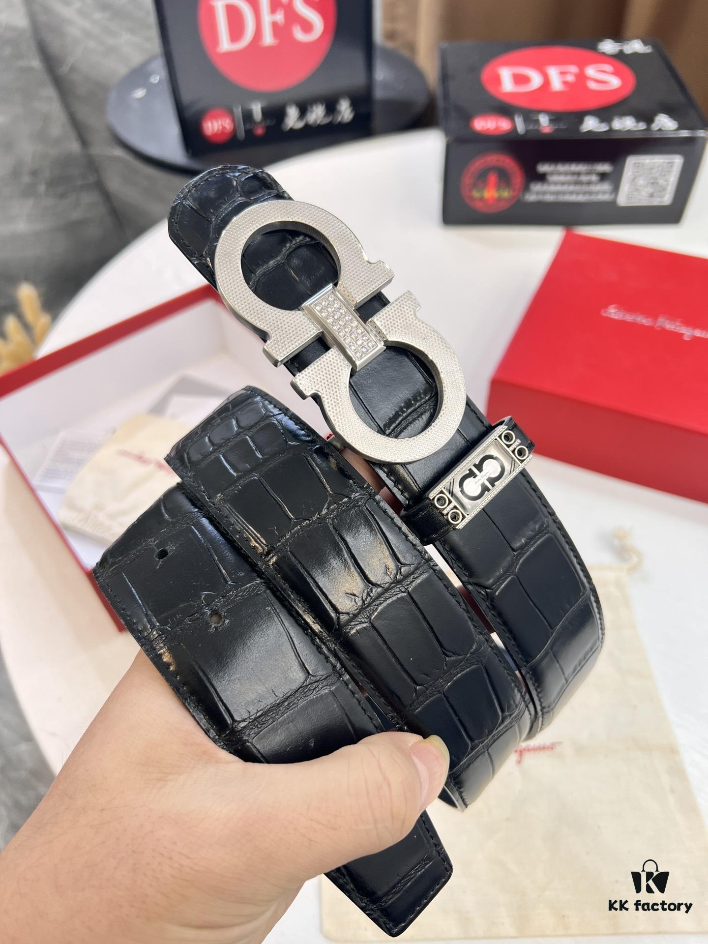 Top-tier Salvatore Ferragamo Men's Crocodile Pattern Genuine Leather Belt, Original 8-Shaped Hardware, German Manufactured, Hong Kong Duty-Free Gift Box