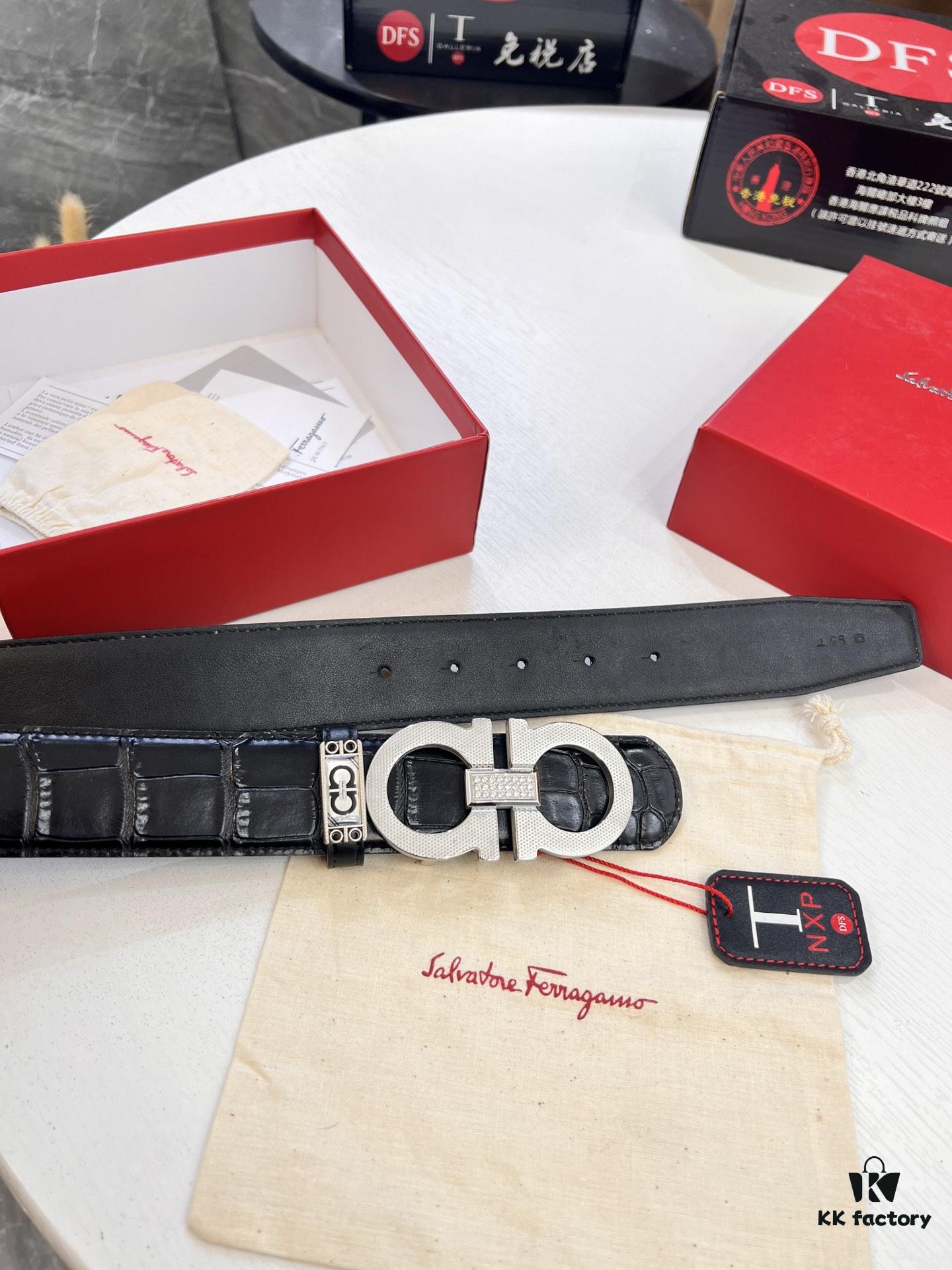 Top-tier Salvatore Ferragamo Men's Crocodile Pattern Genuine Leather Belt, Original 8-Shaped Hardware, German Manufactured, Hong Kong Duty-Free Gift Box