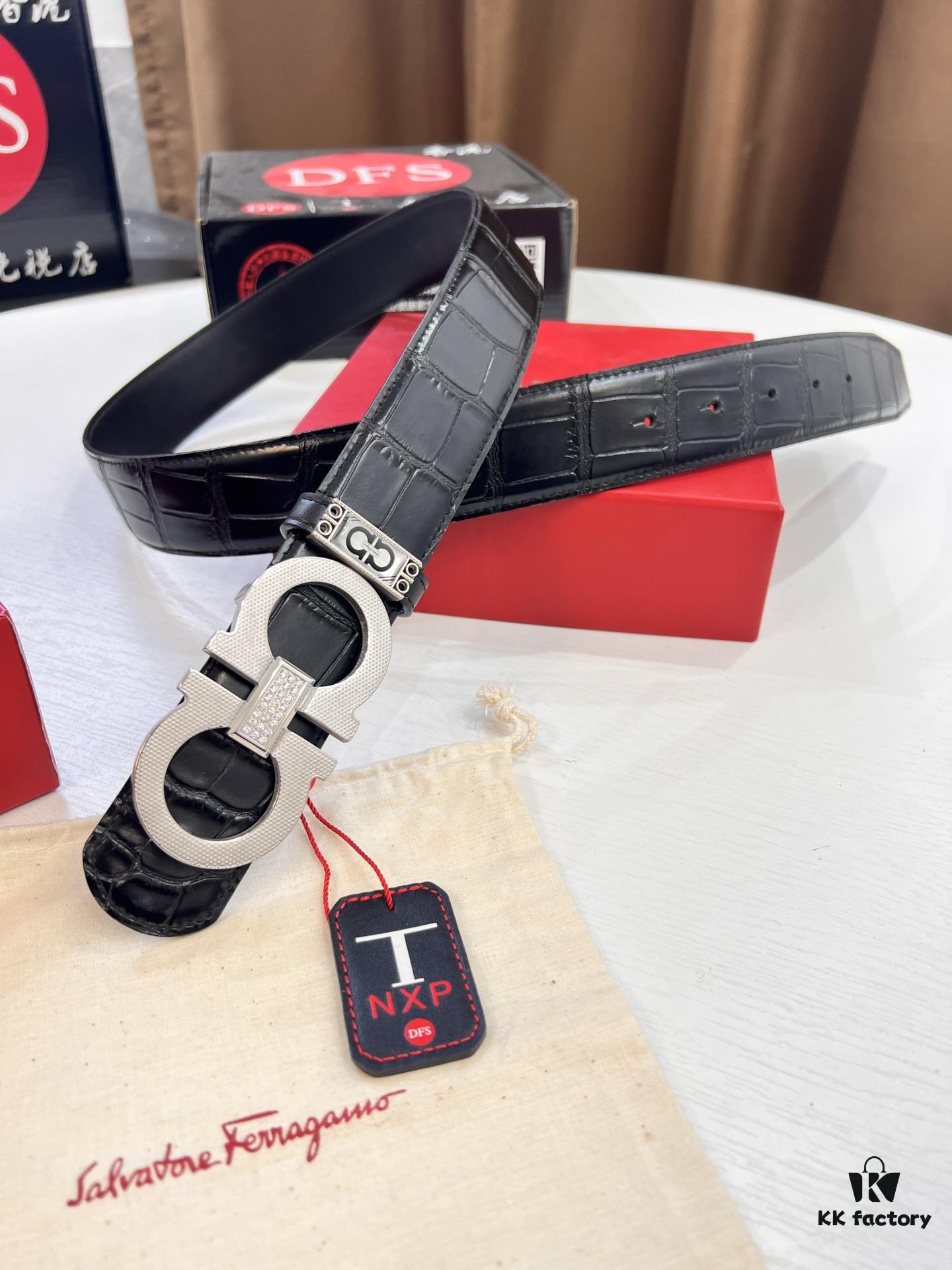 Top-tier Salvatore Ferragamo Men's Crocodile Pattern Genuine Leather Belt, Original 8-Shaped Hardware, German Manufactured, Hong Kong Duty-Free Gift Box