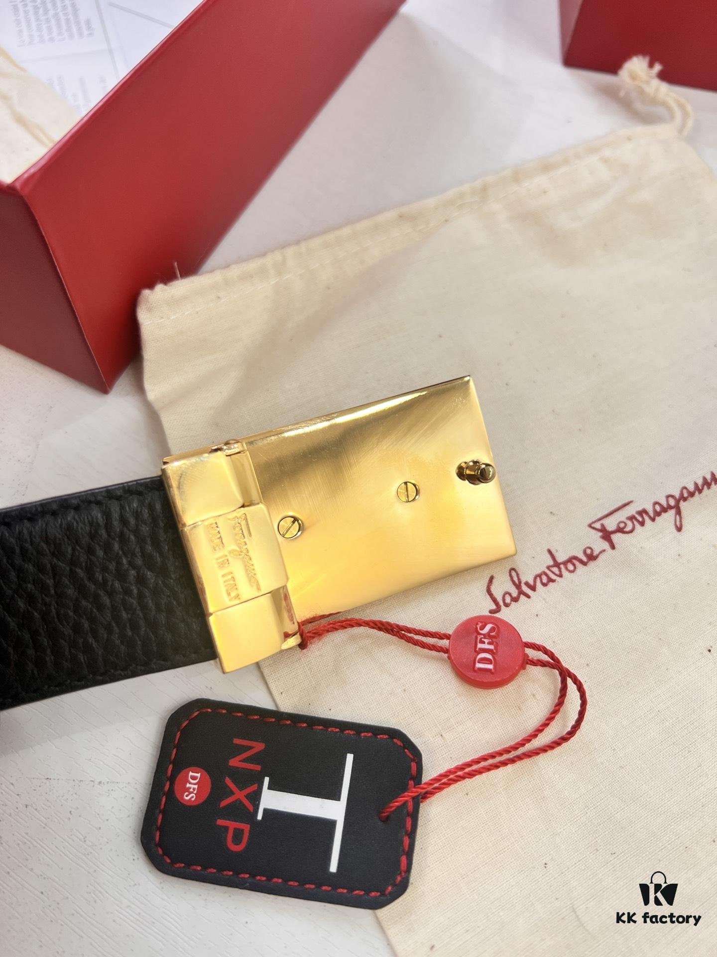 Shop Owner Recommended Trumpet Trumpet Salvatore Ferragamo Men's Belt, Genuine Imported Full-Grain Calfskin with Pebbled Texture, Reversible Design, Customizable Length, New Simple Color Stainless Steel Hardware, 3.5cm Width, Ideal Gift Choice