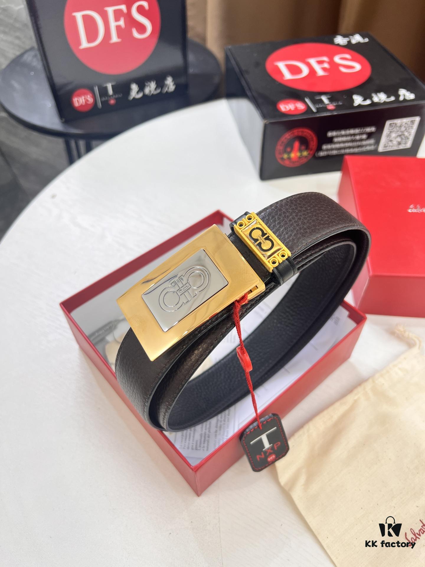 Shop Owner Recommended Trumpet Trumpet Salvatore Ferragamo Men's Belt, Genuine Imported Full-Grain Calfskin with Pebbled Texture, Reversible Design, Customizable Length, New Simple Color Stainless Steel Hardware, 3.5cm Width, Ideal Gift Choice