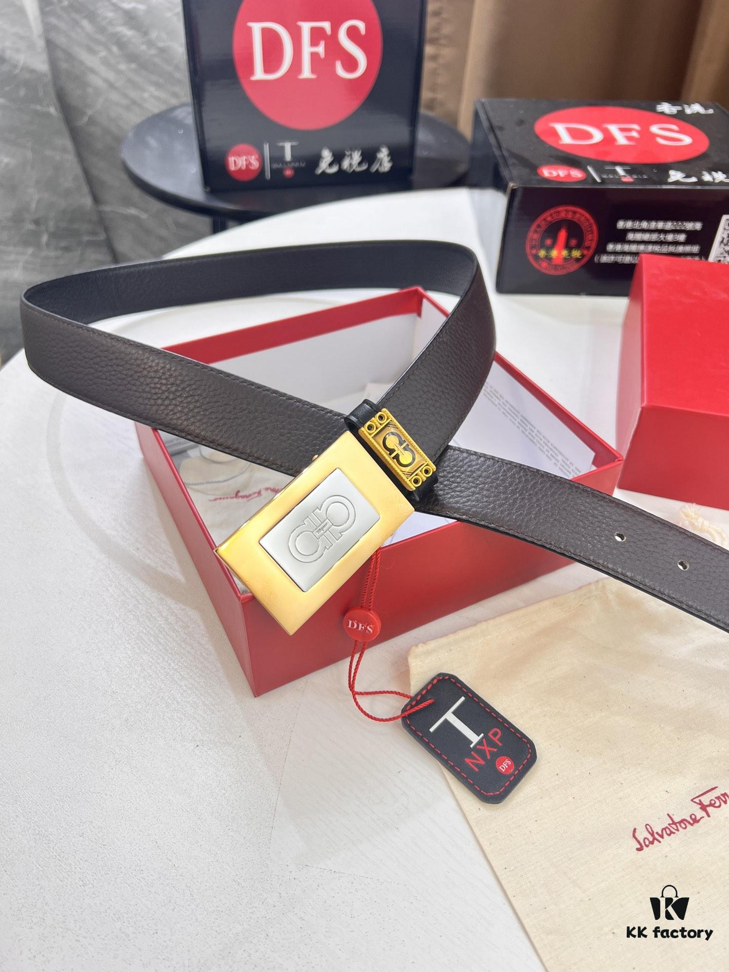 Shop Owner Recommended Trumpet Trumpet Salvatore Ferragamo Men's Belt, Genuine Imported Full-Grain Calfskin with Pebbled Texture, Reversible Design, Customizable Length, New Simple Color Stainless Steel Hardware, 3.5cm Width, Ideal Gift Choice