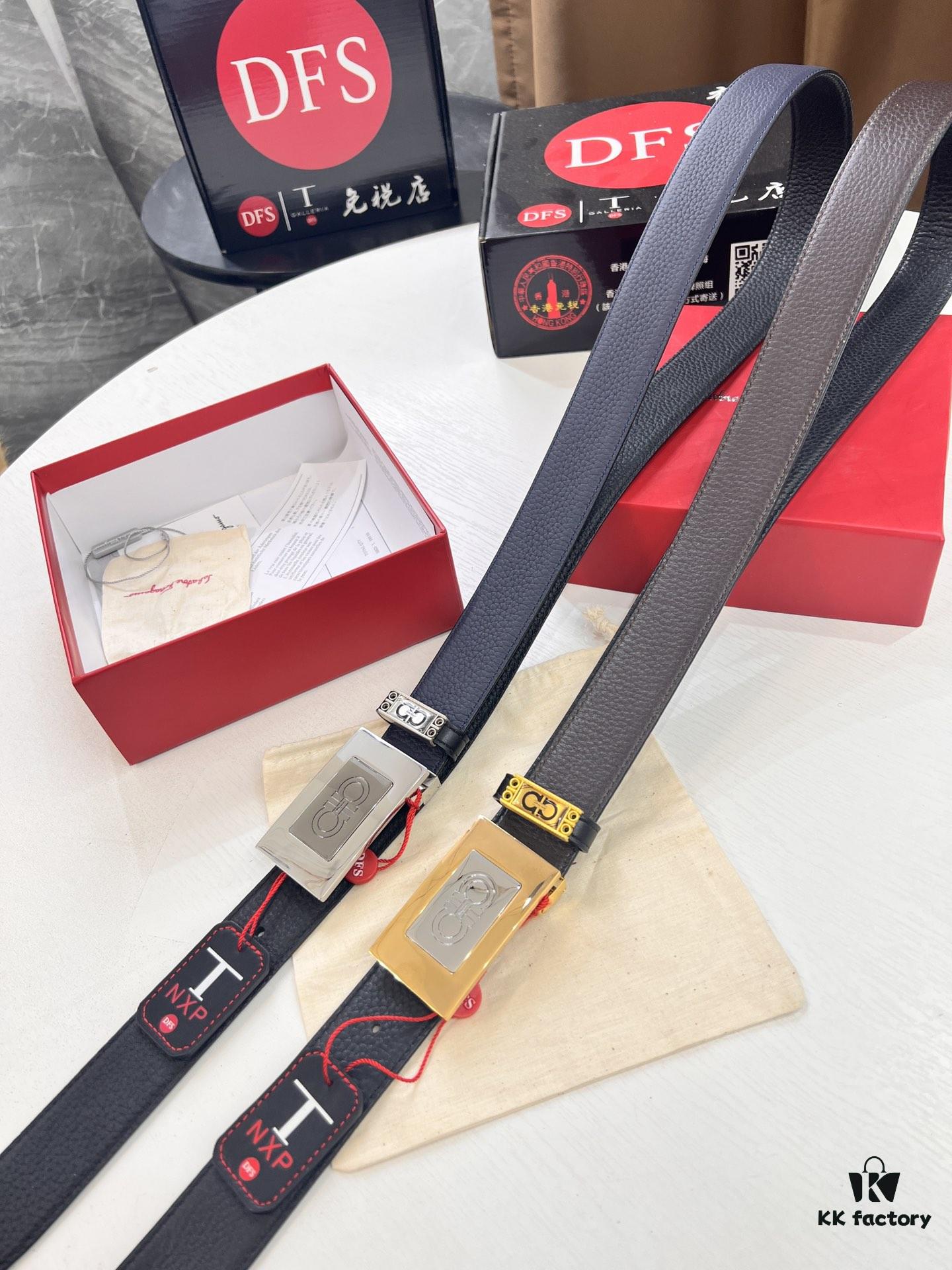 Shop Owner Recommended Trumpet Trumpet Salvatore Ferragamo Men's Belt, Genuine Imported Full-Grain Calfskin with Pebbled Texture, Reversible Design, Customizable Length, New Simple Color Stainless Steel Hardware, 3.5cm Width, Ideal Gift Choice