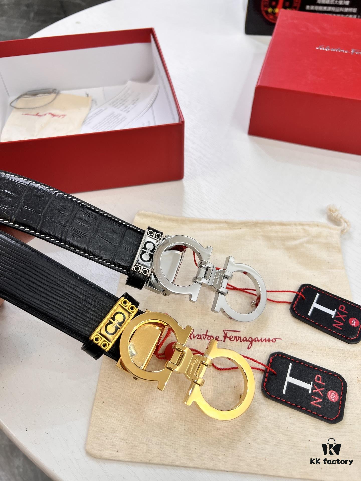 Salvatore Ferragamo Men's Belt, Genuine Crocodile Grain Full-Grain Calfskin, Reversible Design, 3.5cm Width, Precision 8-Shaped Steel Hardware, Adjustable Length, Ideal Gift