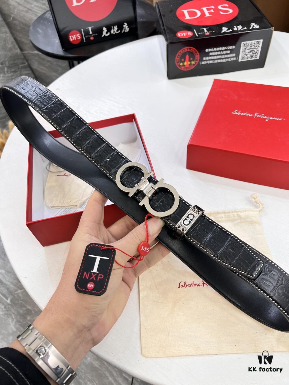 Ferragamo Men's Belt, Genuine Crocodile Grain Full-Grain Cowhide, Reversible Design, 3.5cm Width, Premium Steel Hardware