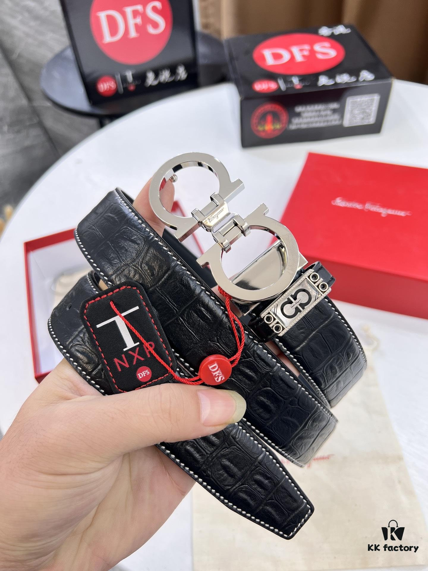 Ferragamo Men's Belt, Genuine Crocodile Grain Full-Grain Cowhide, Reversible Design, 3.5cm Width, Premium Steel Hardware