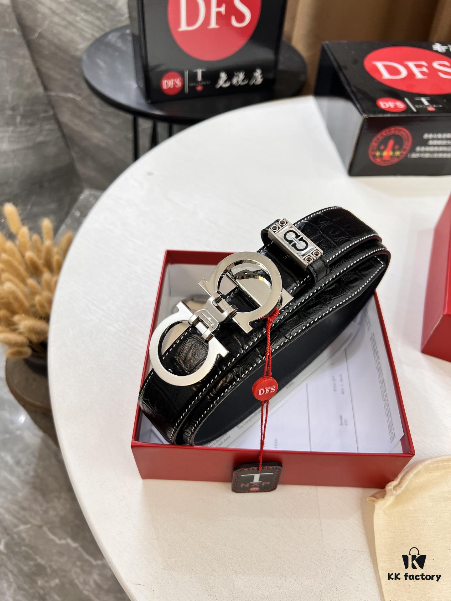 Ferragamo Men's Belt, Genuine Crocodile Grain Full-Grain Cowhide, Reversible Design, 3.5cm Width, Premium Steel Hardware