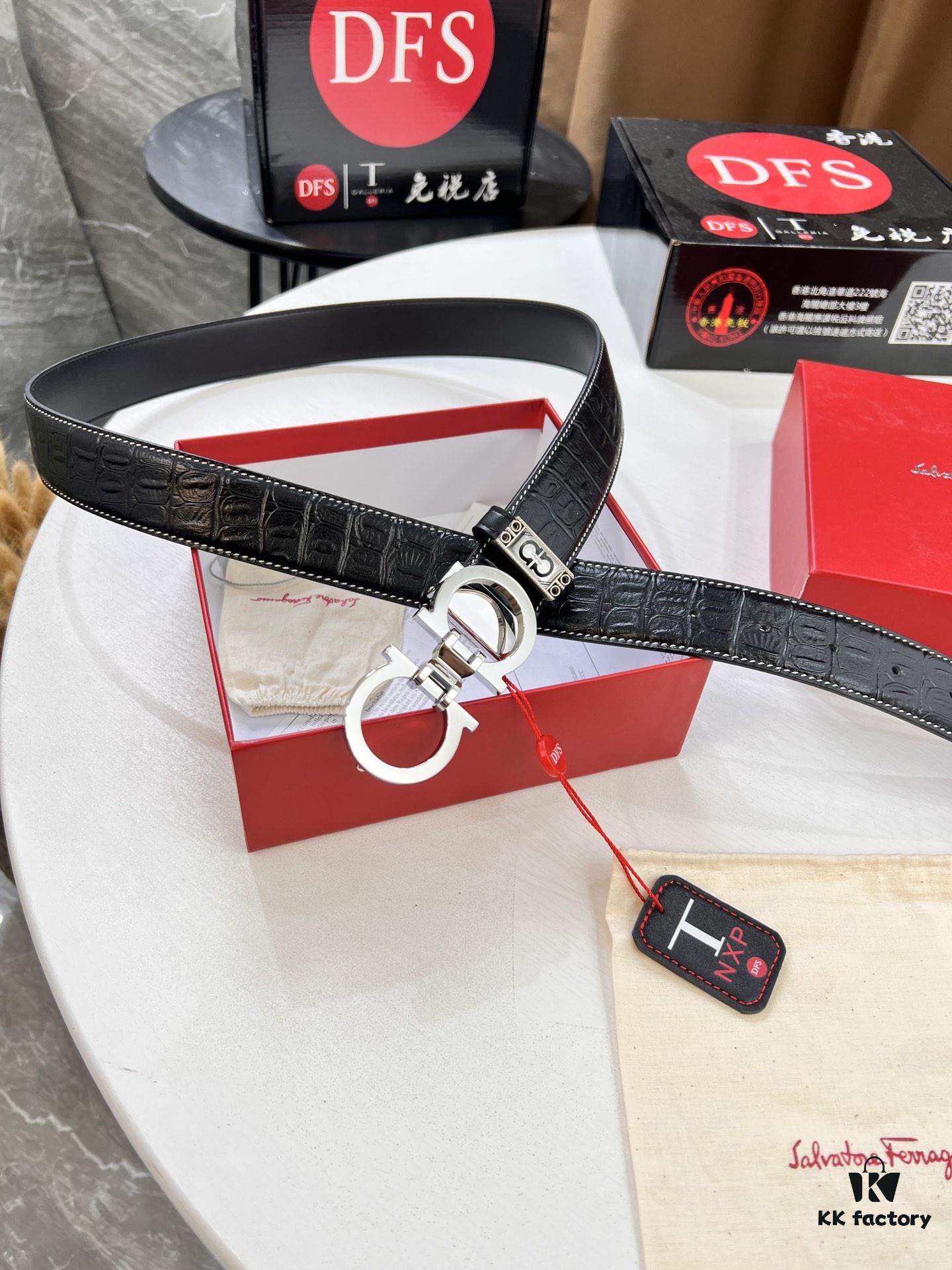 Ferragamo Men's Belt, Genuine Crocodile Grain Full-Grain Cowhide, Reversible Design, 3.5cm Width, Premium Steel Hardware