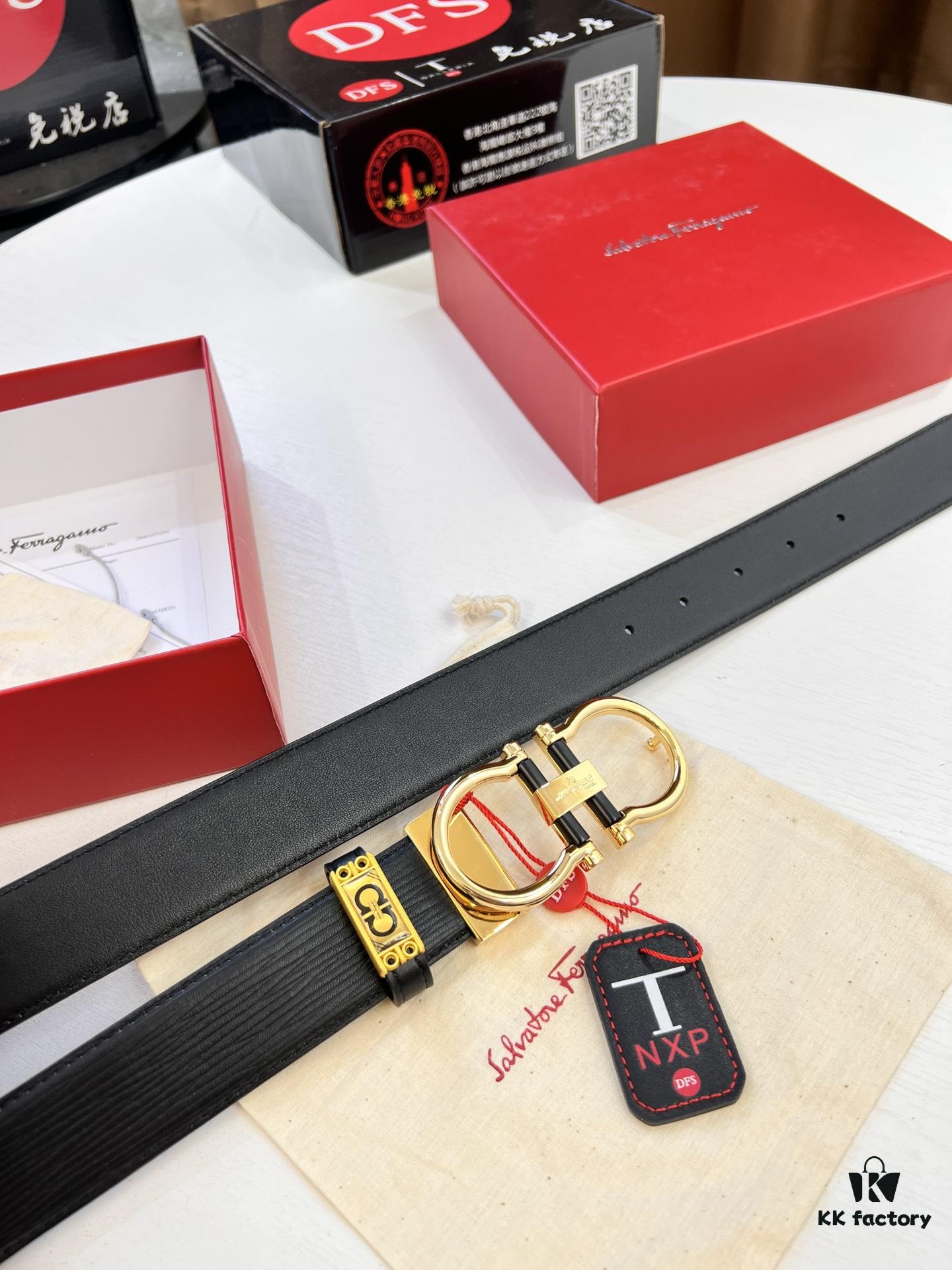 Salvatore Ferragamo Men's Belt, Genuine Top-Layer Calfskin with Crocodile Grain, Reversible Double-Sided Design, 3.5cm Width, New '8' Shaped Stainless Steel Hardware