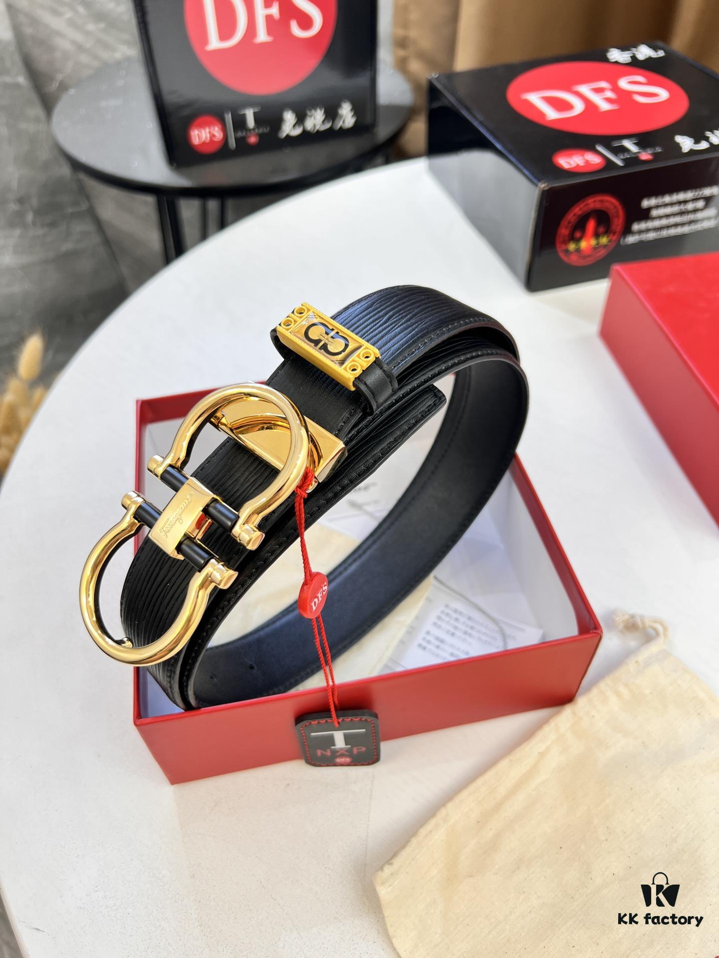 Salvatore Ferragamo Men's Belt, Genuine Top-Layer Calfskin with Crocodile Grain, Reversible Double-Sided Design, 3.5cm Width, New '8' Shaped Stainless Steel Hardware