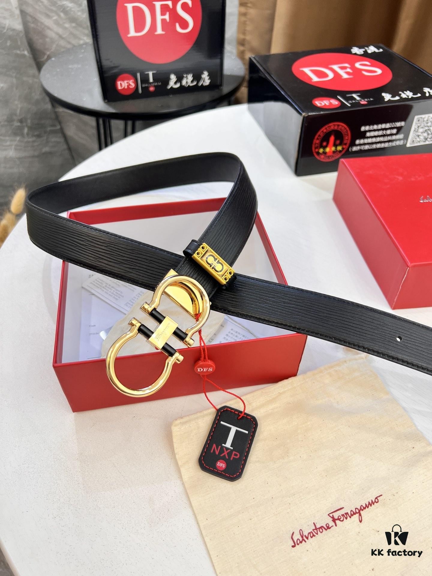 Salvatore Ferragamo Men's Belt, Genuine Top-Layer Calfskin with Crocodile Grain, Reversible Double-Sided Design, 3.5cm Width, New '8' Shaped Stainless Steel Hardware