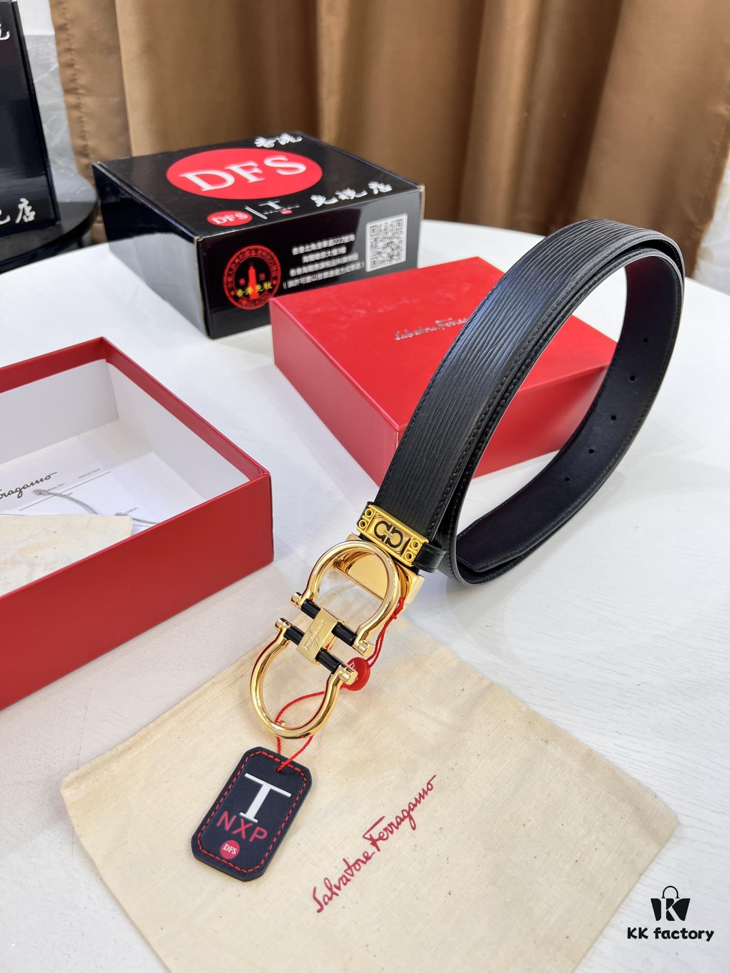 Salvatore Ferragamo Men's Belt, Genuine Top-Layer Calfskin with Crocodile Grain, Reversible Double-Sided Design, 3.5cm Width, New '8' Shaped Stainless Steel Hardware