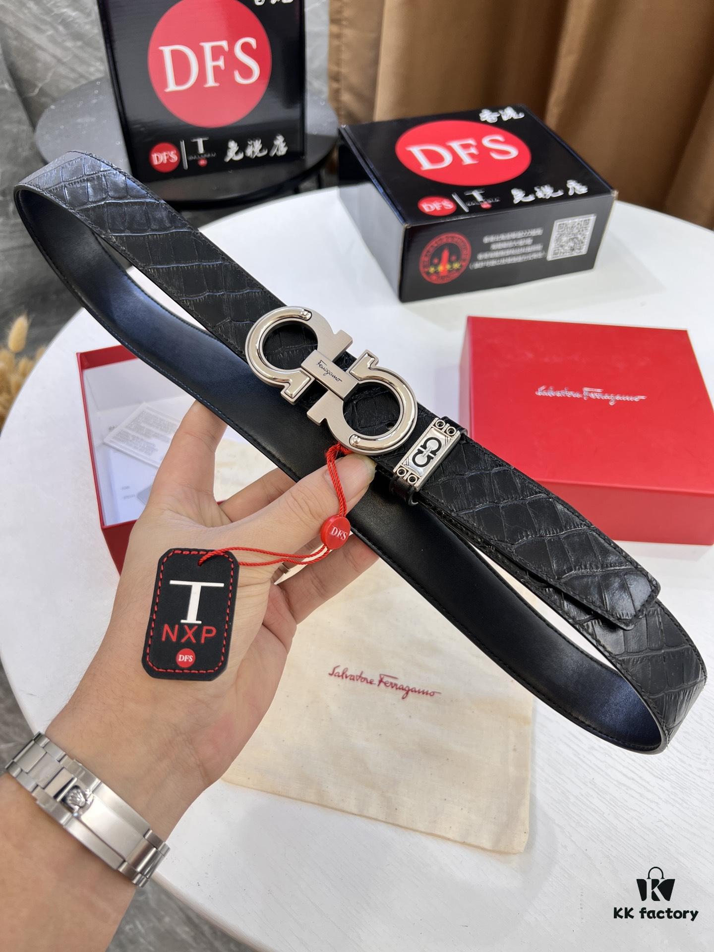 Salvatore Ferragamo Men's Belt, Genuine Crocodile Grain Top Layer Cowhide, Reversible Double-Sided Design, 3.5cm Width, New '8' Shaped Stainless Steel Hardware, Official Website Verified, Ideal for Gifting