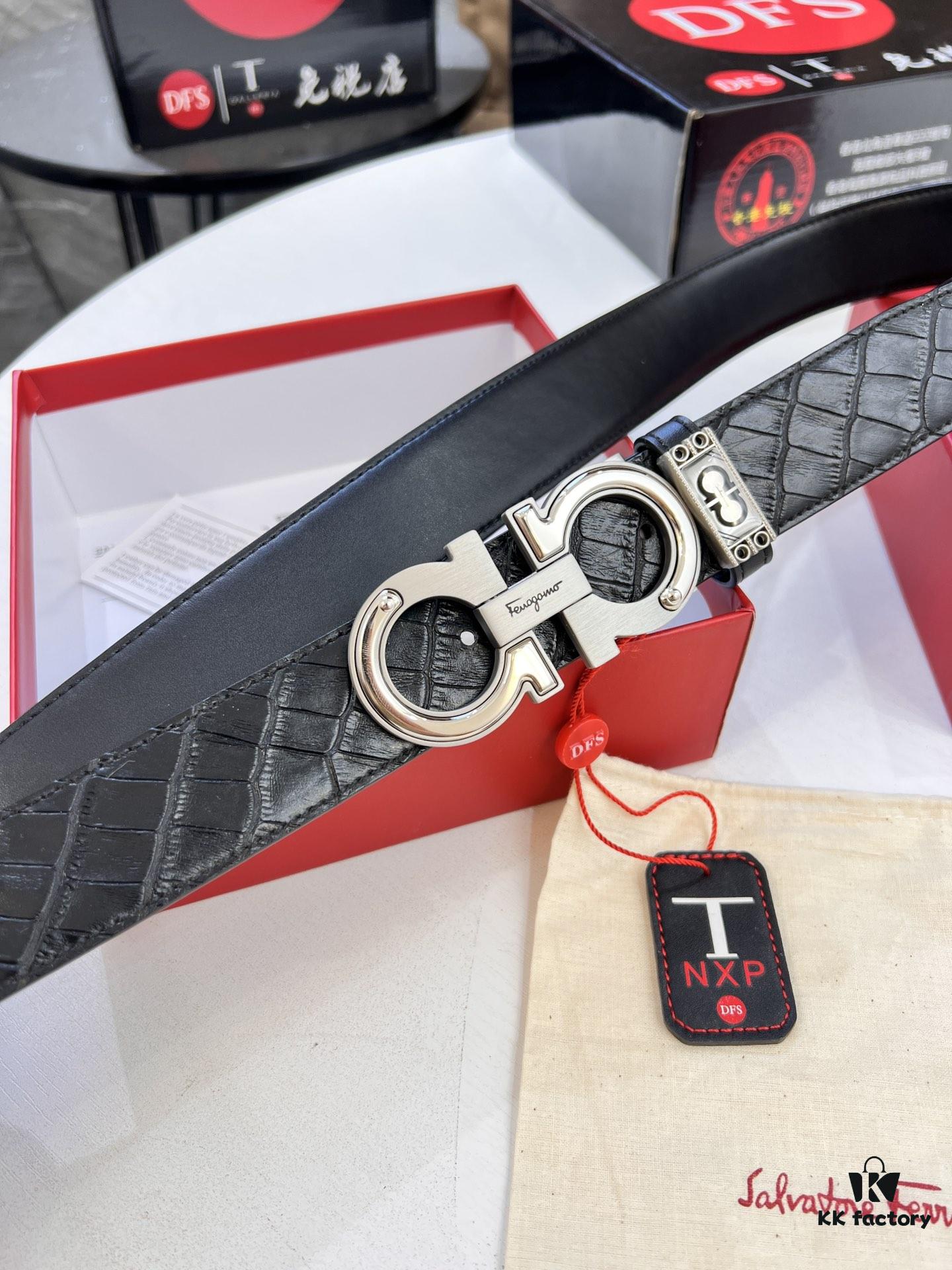 Salvatore Ferragamo Men's Belt, Genuine Crocodile Grain Top Layer Cowhide, Reversible Double-Sided Design, 3.5cm Width, New '8' Shaped Stainless Steel Hardware, Official Website Verified, Ideal for Gifting