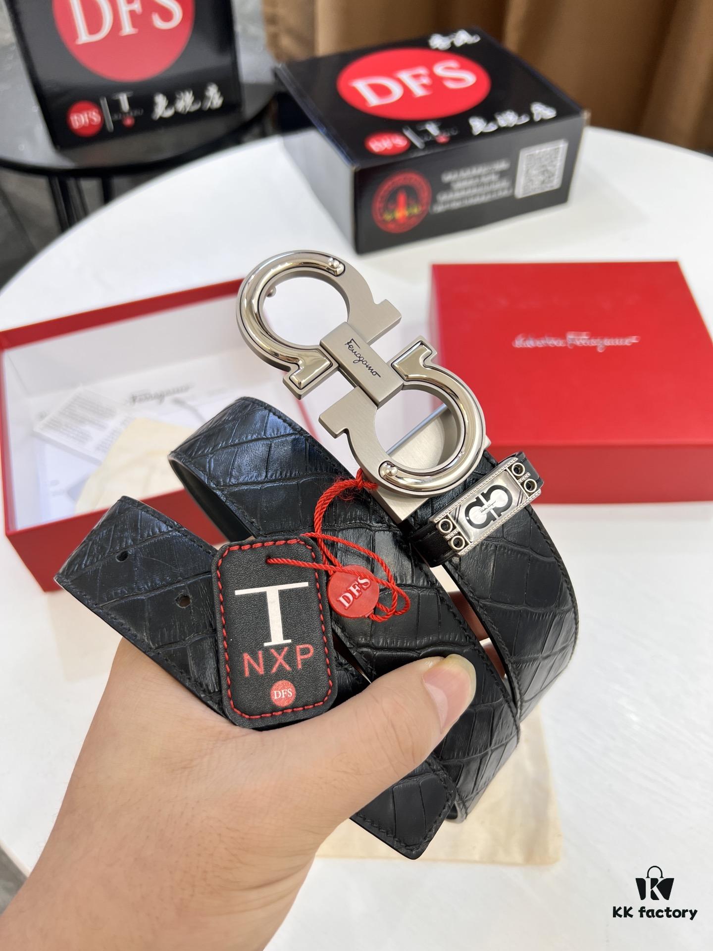 Salvatore Ferragamo Men's Belt, Genuine Crocodile Grain Top Layer Cowhide, Reversible Double-Sided Design, 3.5cm Width, New '8' Shaped Stainless Steel Hardware, Official Website Verified, Ideal for Gifting