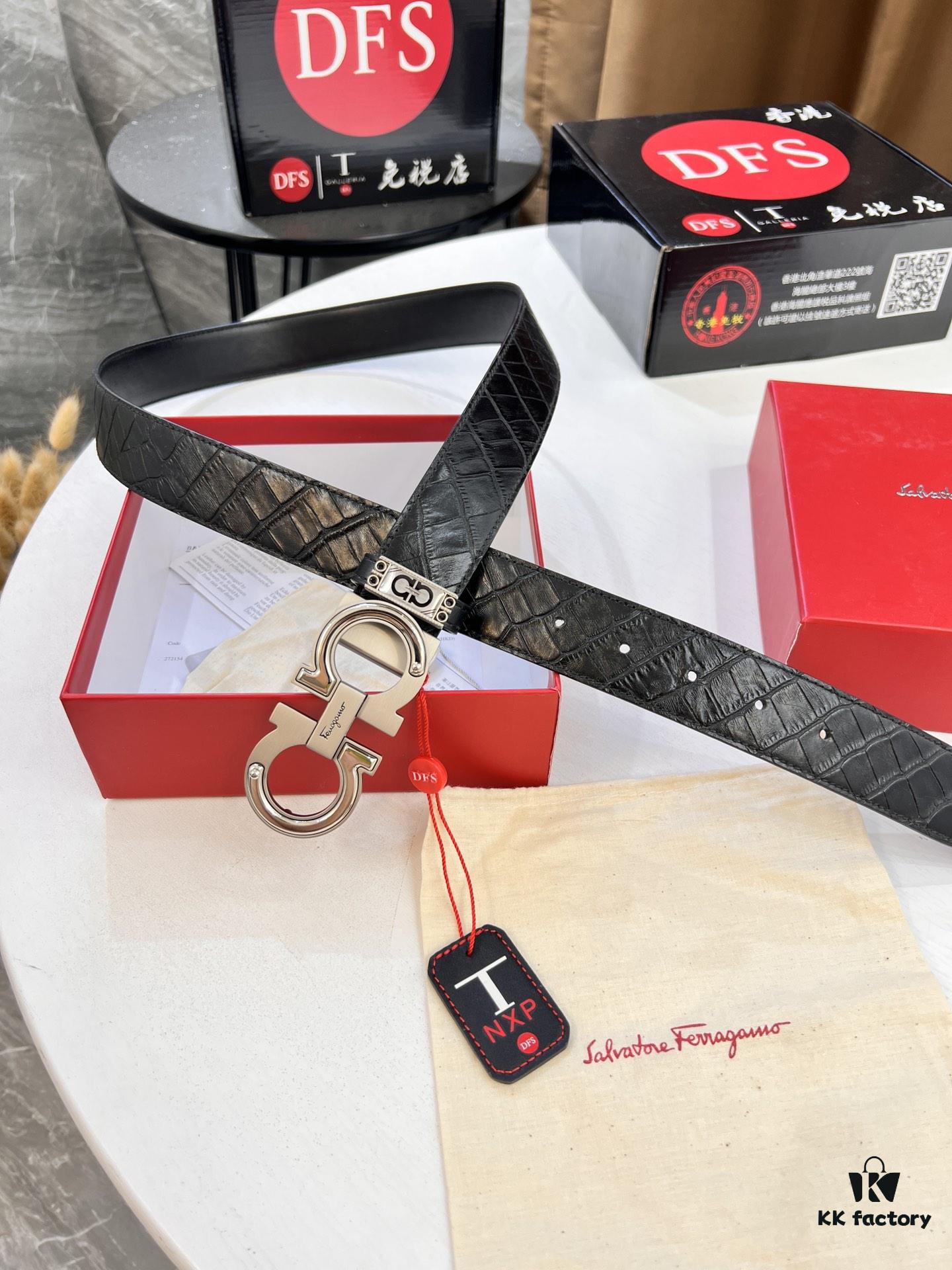 Salvatore Ferragamo Men's Belt, Genuine Crocodile Grain Top Layer Cowhide, Reversible Double-Sided Design, 3.5cm Width, New '8' Shaped Stainless Steel Hardware, Official Website Verified, Ideal for Gifting