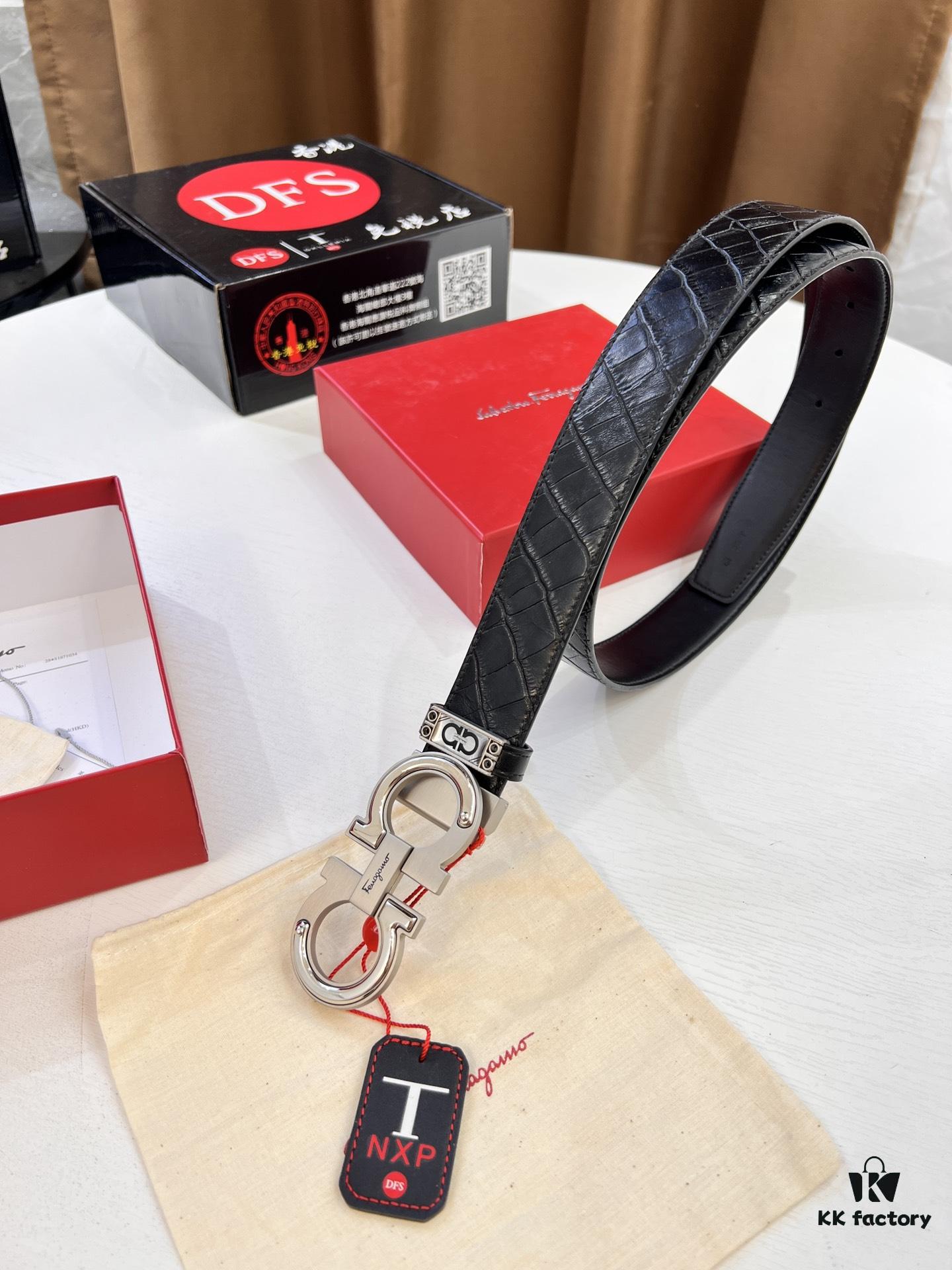 Salvatore Ferragamo Men's Belt, Genuine Crocodile Grain Top Layer Cowhide, Reversible Double-Sided Design, 3.5cm Width, New '8' Shaped Stainless Steel Hardware, Official Website Verified, Ideal for Gifting