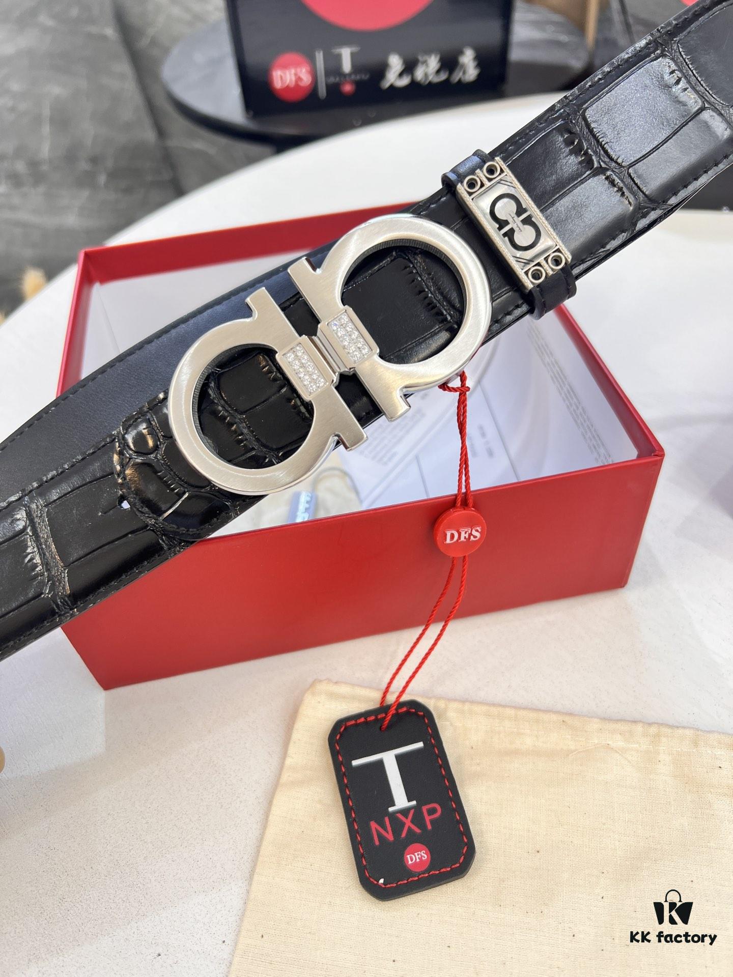 Top-tier Salvatore Ferragamo Belt, Authentic Hong Kong Duty-Free T Gift Box, 8-Shape Genuine Hardware, Full-Grain Crocodile-Texture Calfskin Leather, German-Made Craftsmanship